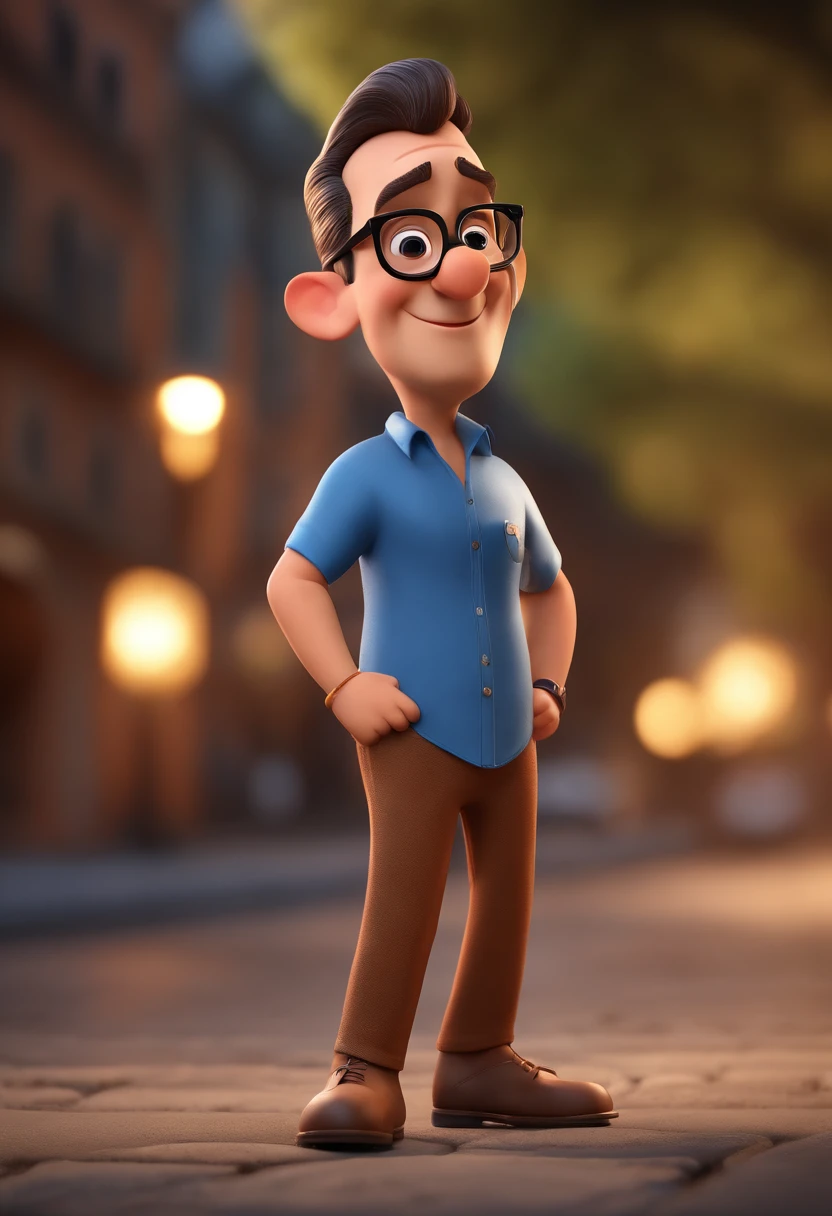 Cartoon character of a man with black glasses and a blue shirt, animation character, Caractere estilizado, animation style rendering, 3D estilizado, Arnold Maya render, 3 d render stylized, toon render keyshot, Personagem 3D, Personagem 3D, 3d rendering stylized, 3 d character render, personagem de desenho animado, Personagem de close up, Pose de personagem,  (Estilo Pixar) (master part:1.2) (Bokeh) (best quality) (pele detalhada) (textura detalhada) (8k) (argila) (Cinematic lighting) (foco nítido