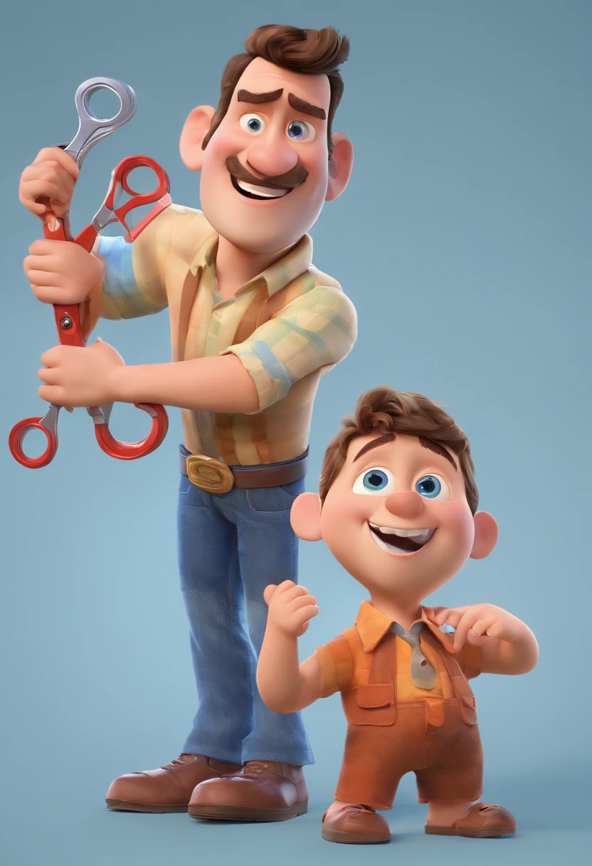 Estilo Pixar: The grown man is holding a naked blue-eyed boy and in his other hand he is holding a pair of scissors and is trying to cut off the boy's testicles,3D Poster,Disney