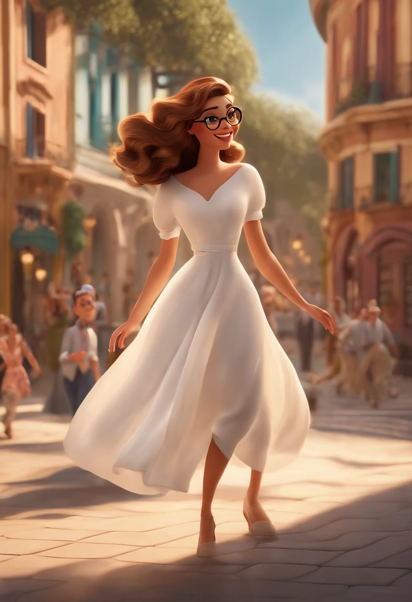A woman in a white dress walking down a street - SeaArt AI