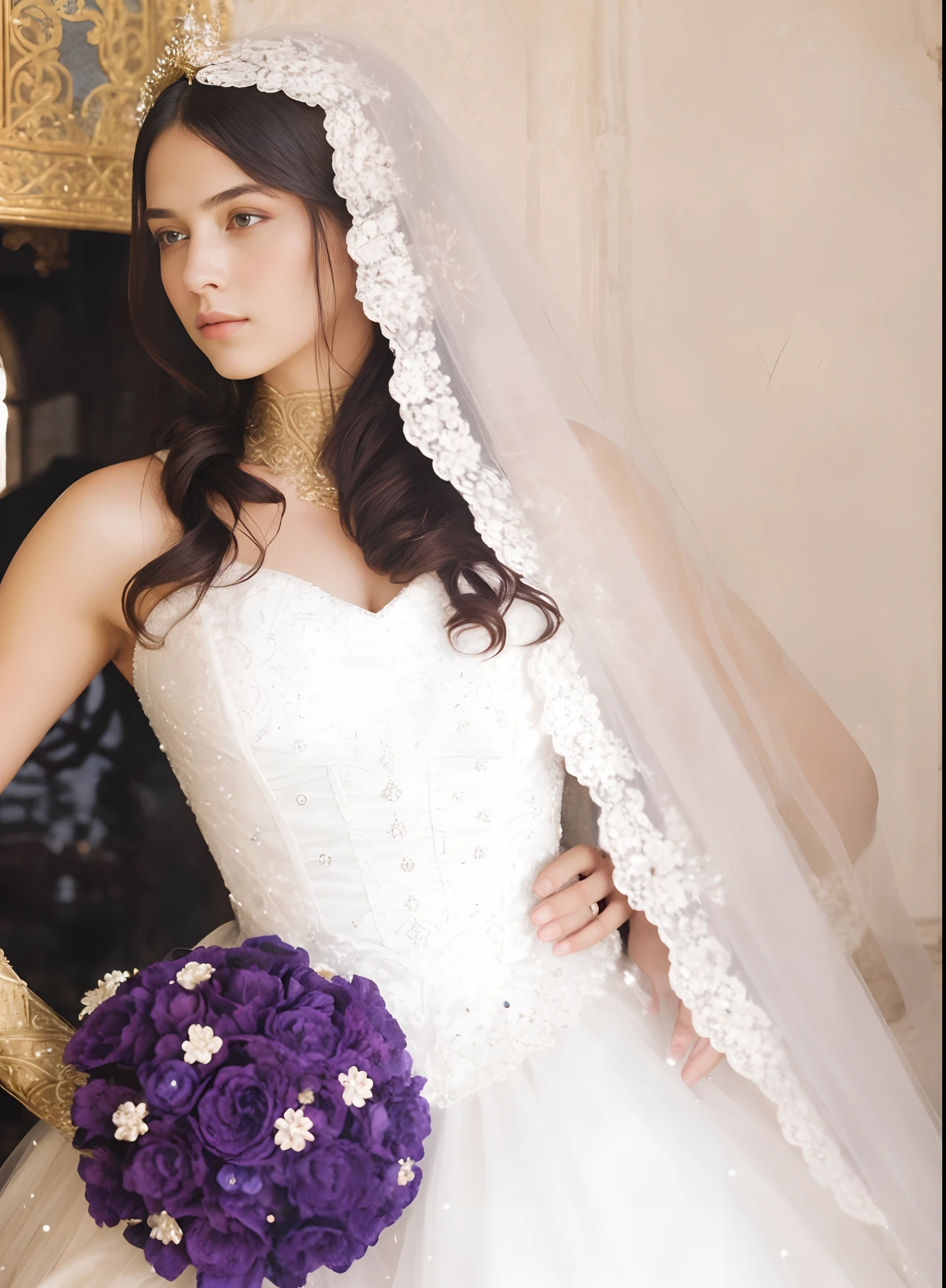 1girl, NicoRobinV3, cross earrings, wedding dress, long hair, blush, lipstick, beautiful,
