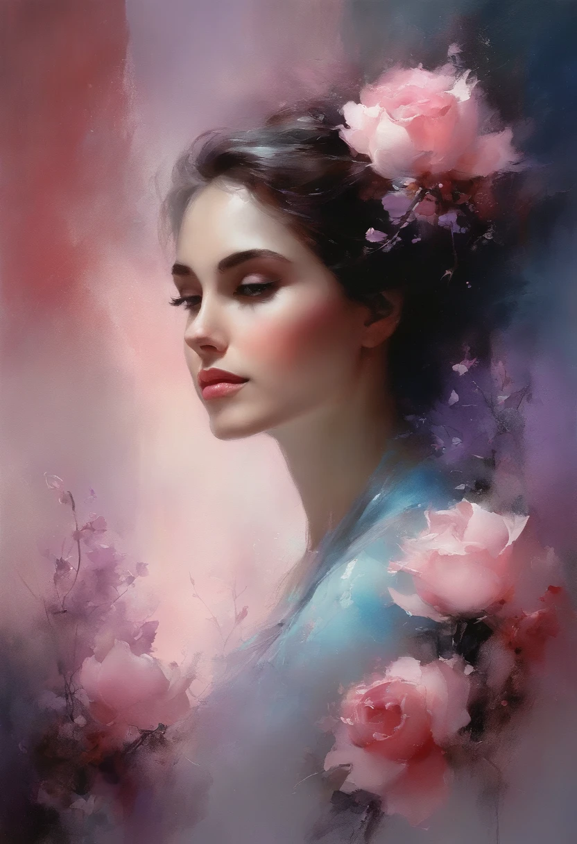 1girl,flower, Lisianthus ,in the style of light pink and light azure, dreamy and romantic compositions, pale pink, ethereal foliage, playful arrangements,fantasy, high contrast, ink strokes, explosions, over exposure, purple and red tone impression , abstract, ((watercolor painting by John Berkey and Jeremy Mann )) brush strokes, negative space,