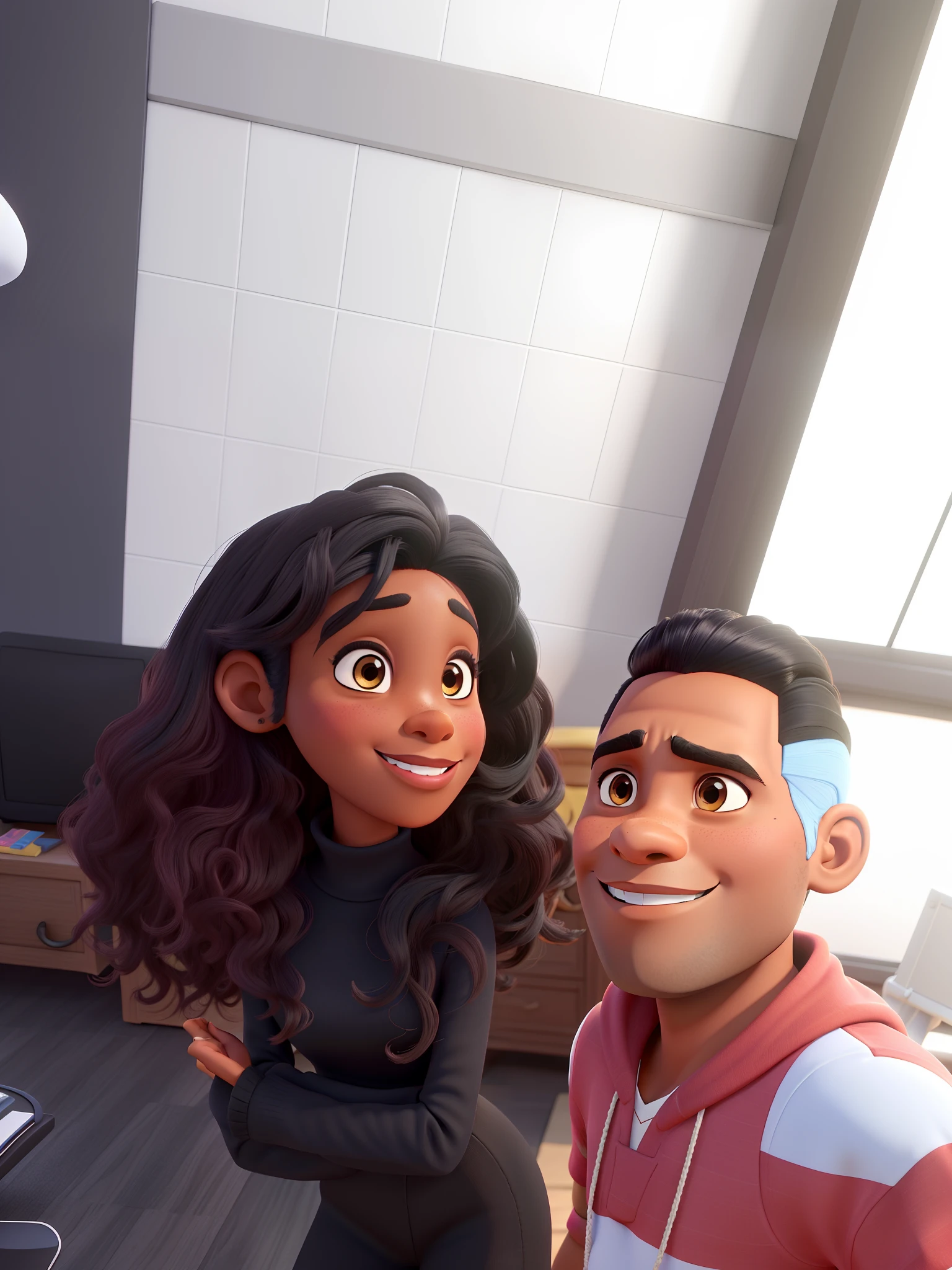 um homem negro bonito estiloso uma mulher negra bonita cabelos vermelho intenso estilo disney pixar alta qualidade melhor qualidade