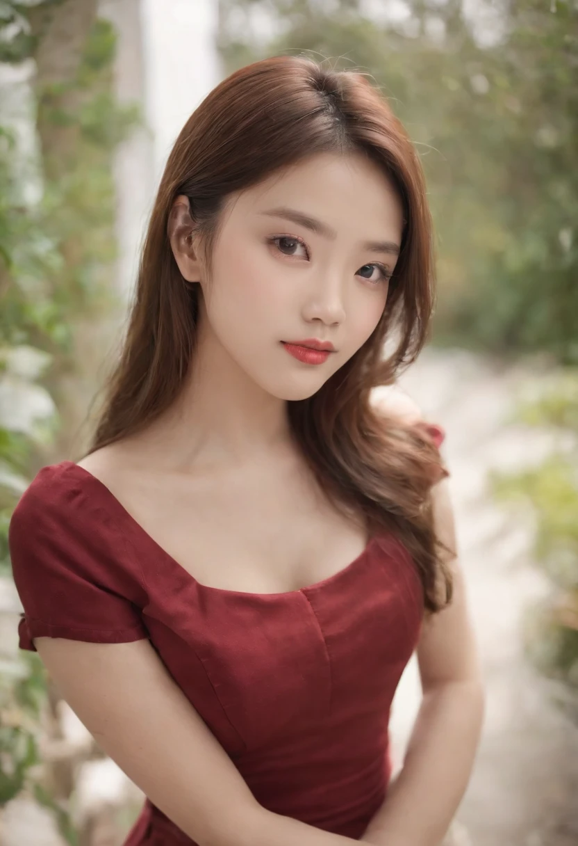 Master masterpieces，wallpaper hd，(((1 Chinese 18-year-old best female model))),He wears a red shirt on his upper body，Lower body: white short skirt, black stockings，Black heels on the feet。High-definition and detailed faces，breast enhancement，big breasts thin waist，Slender and fair thighs， (((Realistic detail expressions：1.3)))，Sony SLR lens，Shoot at medium distance，电影灯光，hyper qualit。