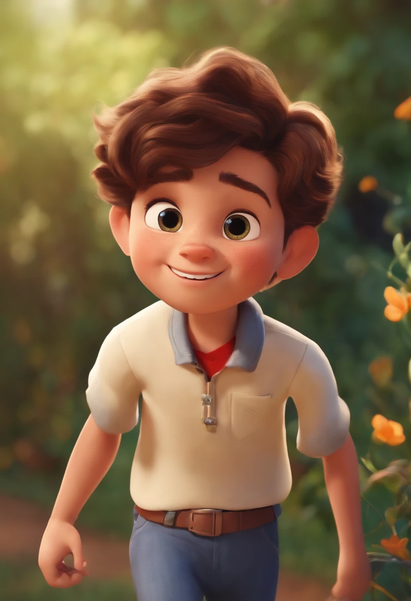 Image of a boy for a story in a YouTube video in Pixar format, He's the allabester, He's the class leader, He's outgoing, Playful and gets up for a lot of things, cabelo curto