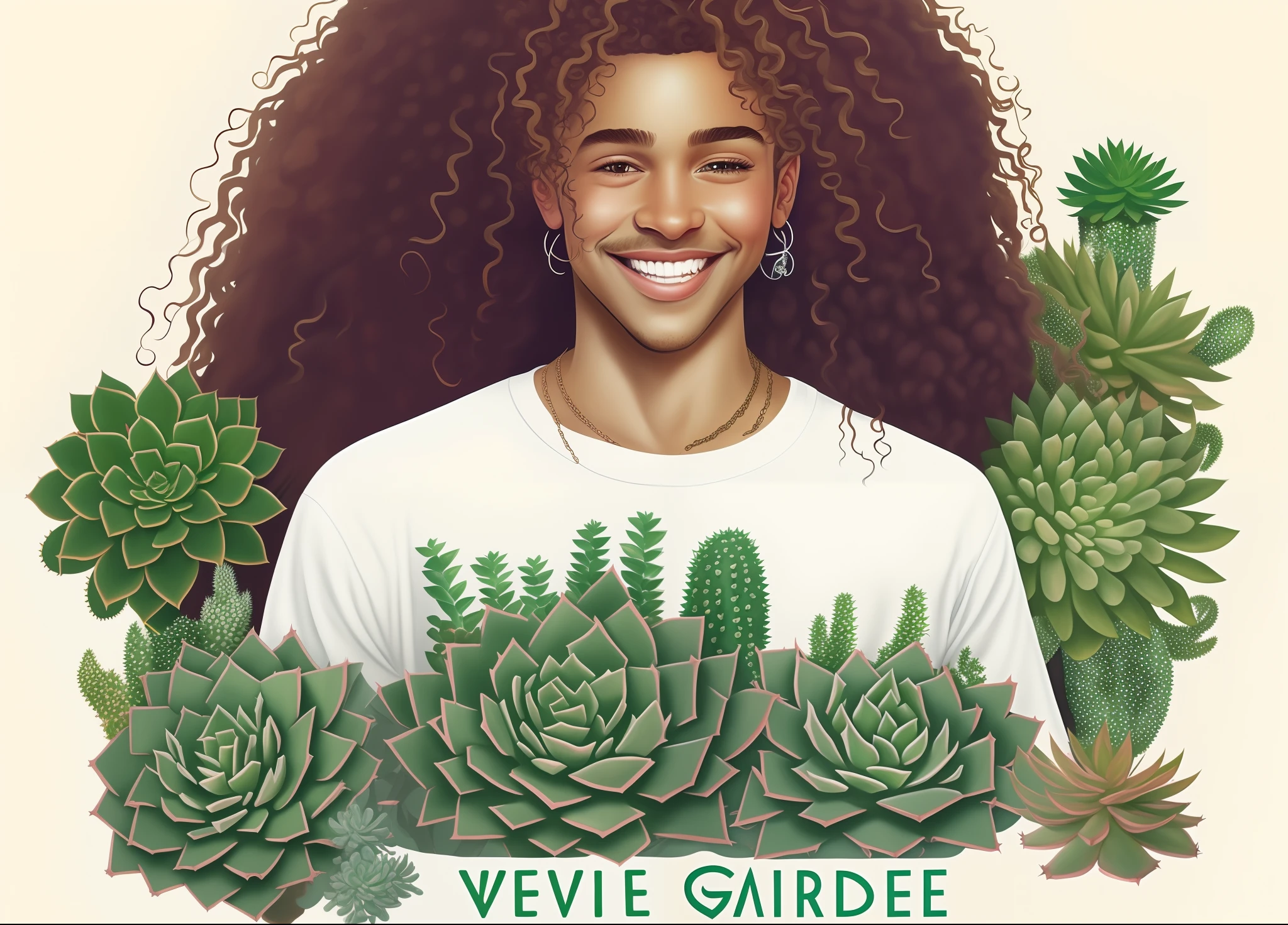 a poster inspired by Disney Pixer movies with the title love of succulents with a white boy with curly hair a beautiful smile brown eyes a white Beyoncé t-shirt in a garden of succulents