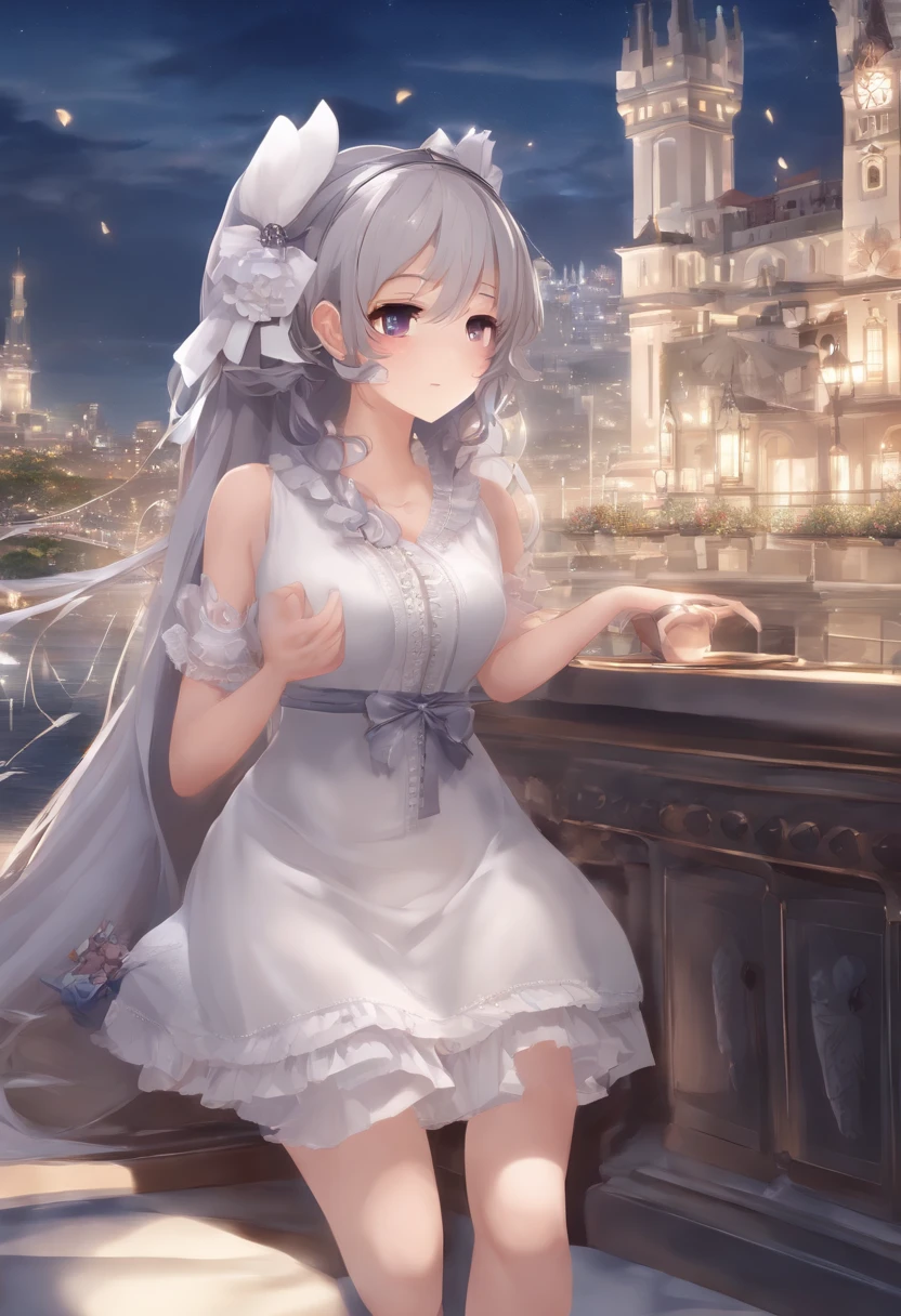 Garota de anime em uma roupa de empregada sentada em um banco com uma cidade no fundo, Melhor Anime 4K Konachan Wallpaper, detalhes finos. s da linha de frente, lolish meninas da de frente, Do videogame Azur Lane, night core, Estilo de pista Azur, Cute anime waifu in a nice dress, menina perfeita elos brancos, menina anime sedutora,cg anime suave