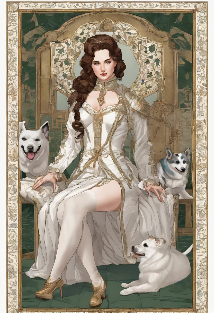 1 British noble princess,in the farm,(get down on the bed:1.2),(Being touched by dogs:1.8),(Being stroked by a dogs crotch),seen from the side (((tmasterpiece))), ((best qualtiy)), ((intricately details)), ((ultra-realistic realism)), Ridiculous res, A MILF, Mature woman, ssee-through, highly detailed, illustratio, 1girll, ((Large breasts)), (areola of breast),perfect hand, detailed finger, Beautiful detailed eyes, Wavy curly hair, with brown eye, name badge, vd, (European medieval aristocratic clothing:1.2), a skirt,White stockings, 耳Nipple Ring, detailedbackground, Bedrooms, perfect eyes, Seductive eye,Cocked buttocks,Reddened face,(weeping:1.2),Confused eyes,Desires are satisfied