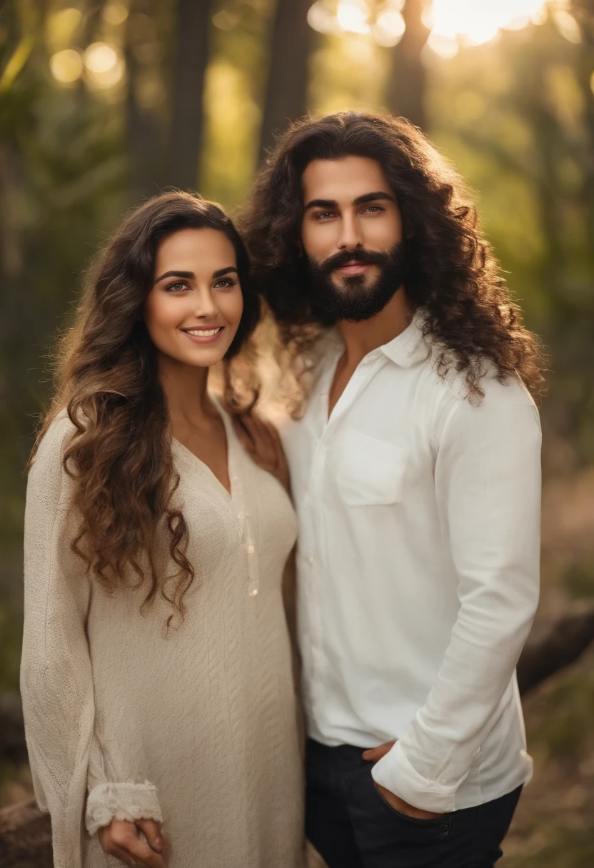 Family containing a white man with black hair and beard, de 3 anos de idade com cabelos castanhos claros e olhos castanhos, uma mulher com cabelo preto e olhos castanhos, e um adolescente de olhos azuis e cabelos castanhos escuros, in a place with trees it's sunshine