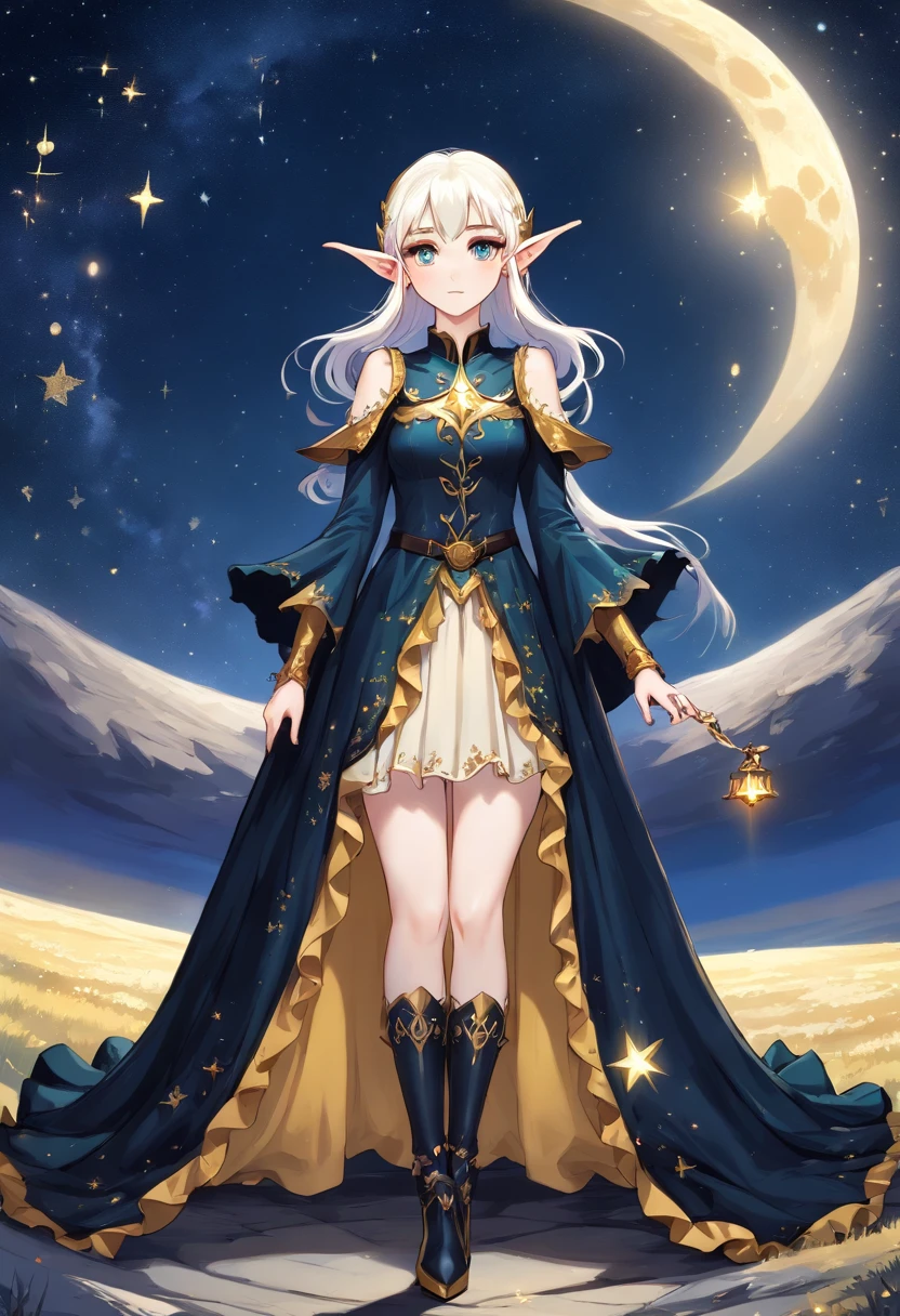 a picture of an exquisite beautiful female (wander: 1.3) (elf: 1.5) standing under the starry night sky as she slowly reaches out trying to grasp the stars, full body, an astral elf (ultra detailed, Masterpiece, best quality), ultra detailed face (ultra detailed, Masterpiece, best quality), ultra feminine, (pale skin: 1.3), dark blue hair, wavy hair, dynamic eyes color yellow, cold eyes, glowing eyes, intense eyes, wearing a black very ruffle dress and puffle sleeves and a skirt thats short in the front and has a long train behind it with golden accents (ultra detailed, Masterpiece, best quality), wearing black boots to her ankles(ultra detailed, Masterpiece, best quality), long cloak, flowing cloak (ultra detailed, Masterpiece, best quality), sky full of stars background, moon, high details, best quality, 8k, [ultra detailed], masterpiece, best quality, (ultra detailed), full body, ultra wide shot, photorealism, dark fantasy art, dark fantasy art, gothic art, many stars, dark fantasy art, gothic art, sense of dread, astrology
