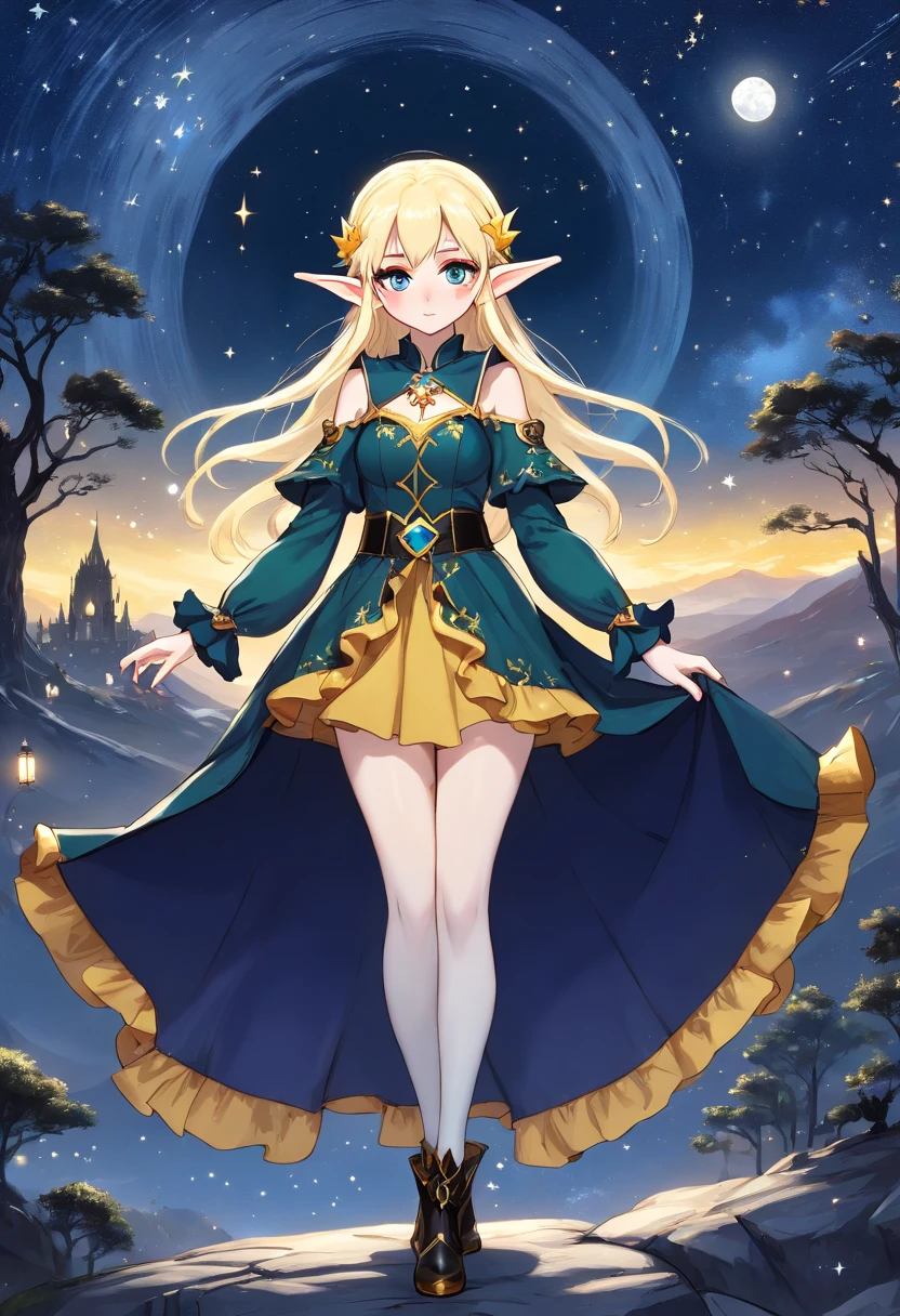 a picture of an exquisite beautiful female (wander: 1.3) (elf: 1.5) standing under the starry night sky as she slowly reaches out trying to grasp the stars, full body, an astral elf (ultra detailed, Masterpiece, best quality), ultra detailed face (ultra detailed, Masterpiece, best quality), ultra feminine, (pale skin: 1.3), dark blue hair, wavy hair, dynamic eyes color yellow, cold eyes, glowing eyes, intense eyes, wearing a black very ruffle dress and puffle sleeves and a skirt thats short in the front and has a long train behind it with golden accents (ultra detailed, Masterpiece, best quality), wearing black boots to her ankles(ultra detailed, Masterpiece, best quality), long cloak, flowing cloak (ultra detailed, Masterpiece, best quality), sky full of stars background, moon, high details, best quality, 8k, [ultra detailed], masterpiece, best quality, (ultra detailed), full body, ultra wide shot, photorealism, dark fantasy art, dark fantasy art, gothic art, many stars, dark fantasy art, gothic art, sense of dread, astrology
