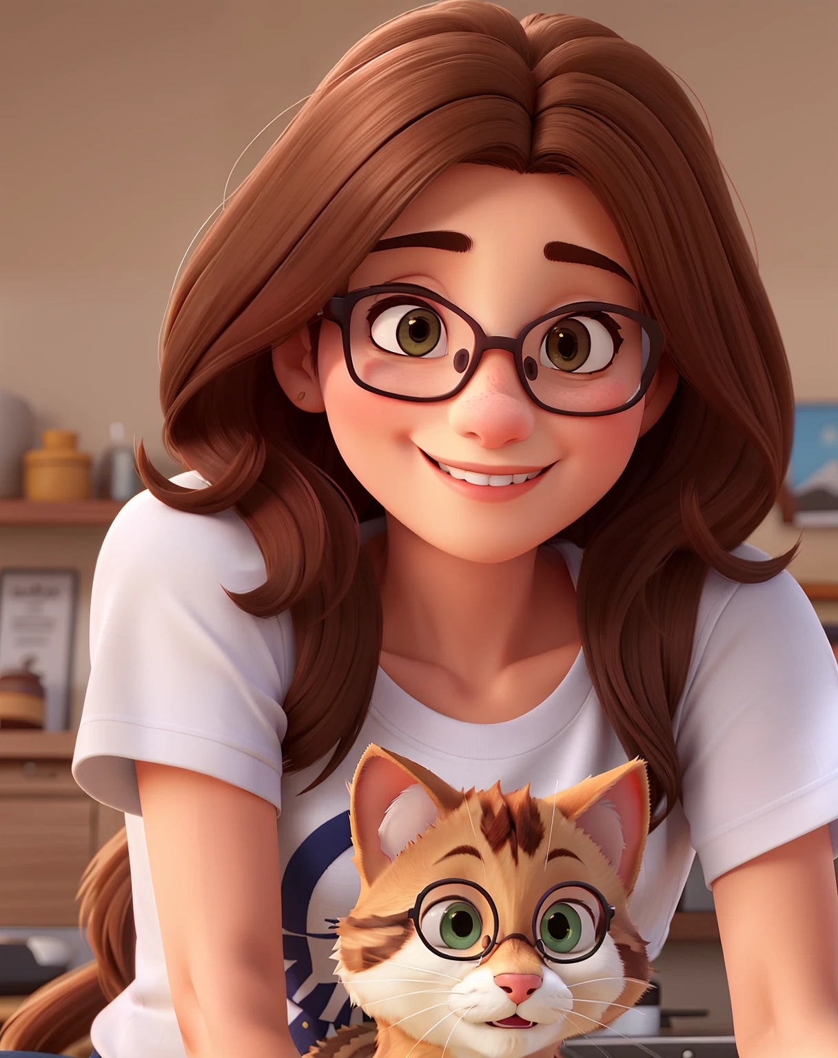 Beautiful woman, 50 anos, cabelo castanho liso, olhos castanhos escuros, glasses, vestindo uma camiseta com um gato desenhado nela, sorridente