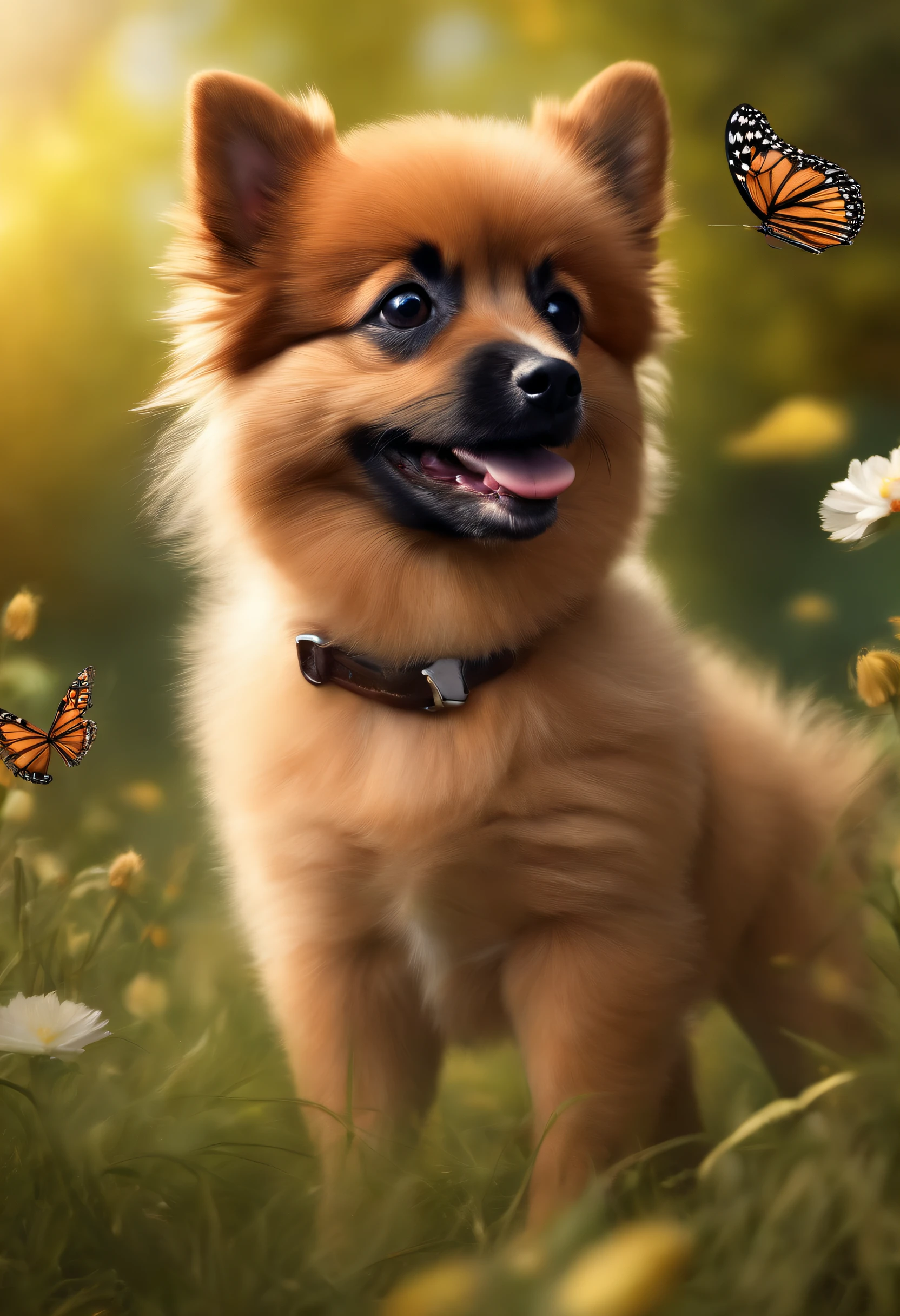 Cute looking german spitz strolling in the park, estilo cartoon, female dog with 2 months old, brown body with strip black in the back, face brown and black, chest with a small white strip. Butterflies flying around.