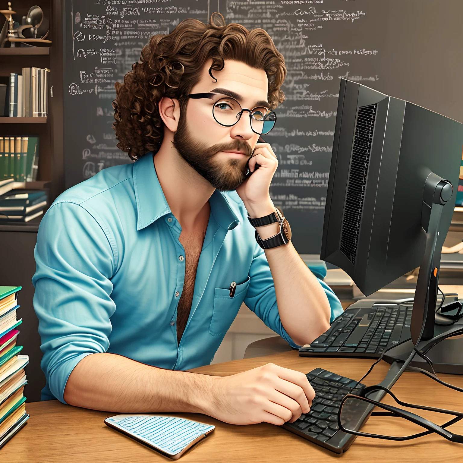 Brunette man with curly hair and beard wearing prescription glasses, Front view sitting in his office, cercado de computadores, estilo Pixar, estilo 3D, estilo Disney, 8k, bonito