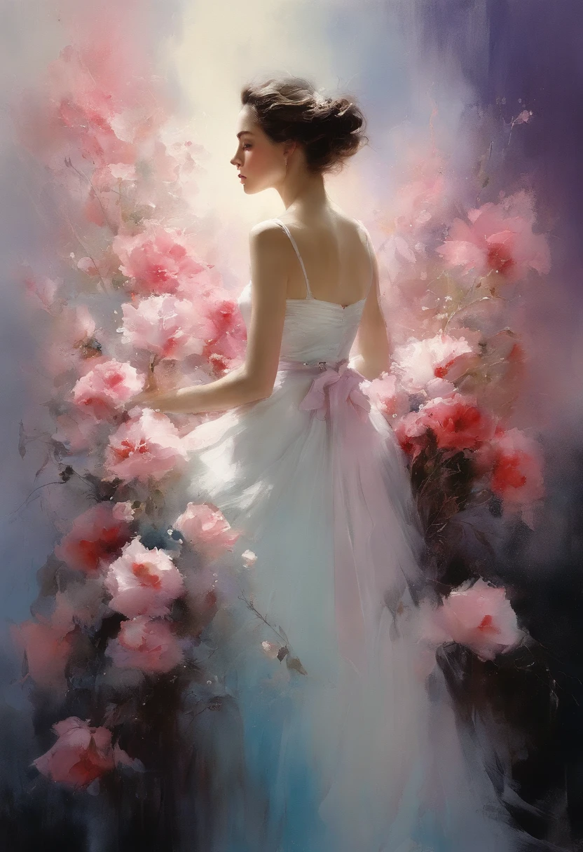 1girl,flower, Lisianthus ,in the style of light pink and light azure, dreamy and romantic compositions, pale pink, ethereal foliage, playful arrangements,fantasy, high contrast, ink strokes, explosions, over exposure, purple and red tone impression , abstract, ((watercolor painting by John Berkey and Jeremy Mann )) brush strokes, negative space,