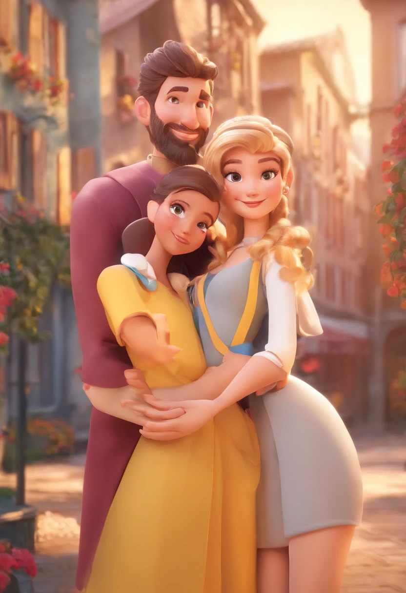 An illustration of an adorable couple, Highlighting a man and a woman with beautiful, Expressive eyes – the man's hair is bald and brown and he has a full beard, while the woman's hair is pinned up in a bun and blond. Sie sind ein heller Raum, Everyone with a smile on their face, und teilen Sie einen besonderen Moment, which is marked by love, Reis, and pedagogical insights. Illustrieren Sie diese Szene aus einer Perspektive, in der sie von der Kamera abgewandt sind, Zeigen Sie Ihre Verbindung. Entwickeln Sie diese Kunst in Full HD, Konzentriere dich auf deinen cineastischen Touch, Disney Pixar Animationen Stil
