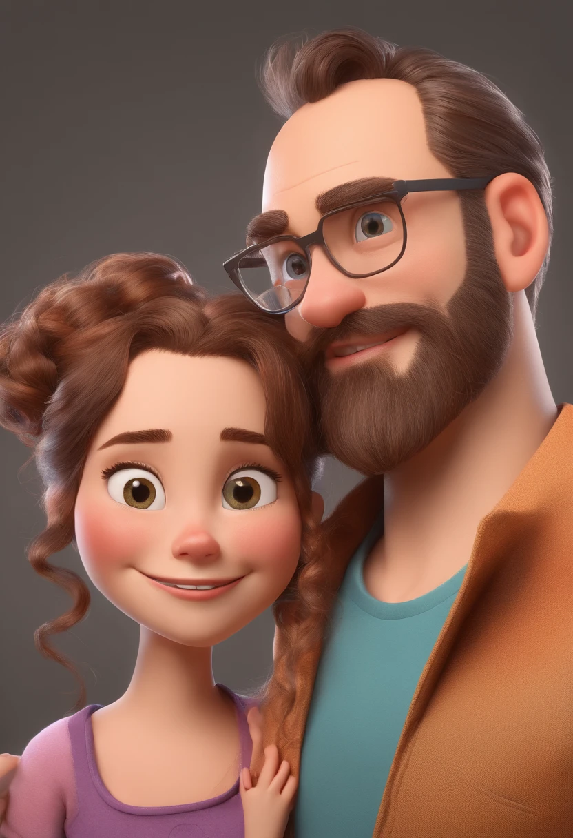 An illustration of an adorable couple, Highlighting a man and a woman with beautiful, Expressive eyes – the man's hair is bald and brown and he has a full beard, while the woman's hair is pinned up in a bun and blond. Sie sind ein heller Raum, Everyone with a smile on their face, und teilen Sie einen besonderen Moment, which is marked by love, Reis, and pedagogical insights. Illustrieren Sie diese Szene aus einer Perspektive, in der sie von der Kamera abgewandt sind, Zeigen Sie Ihre Verbindung. Entwickeln Sie diese Kunst in Full HD, Konzentriere dich auf deinen cineastischen Touch, Disney Pixar Animationen Stil
