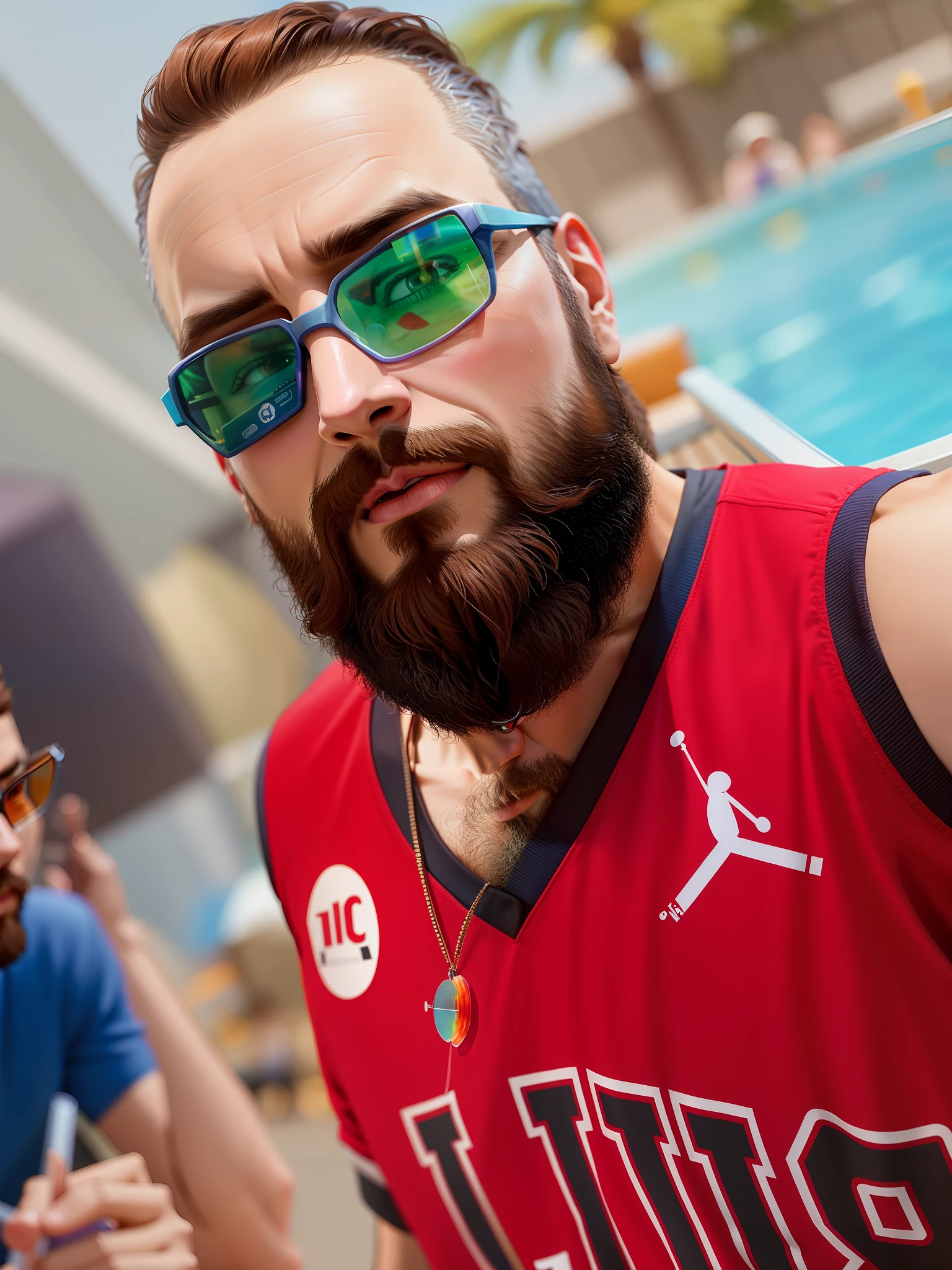 Bearded man is glasses by the pool with friends Pixar style