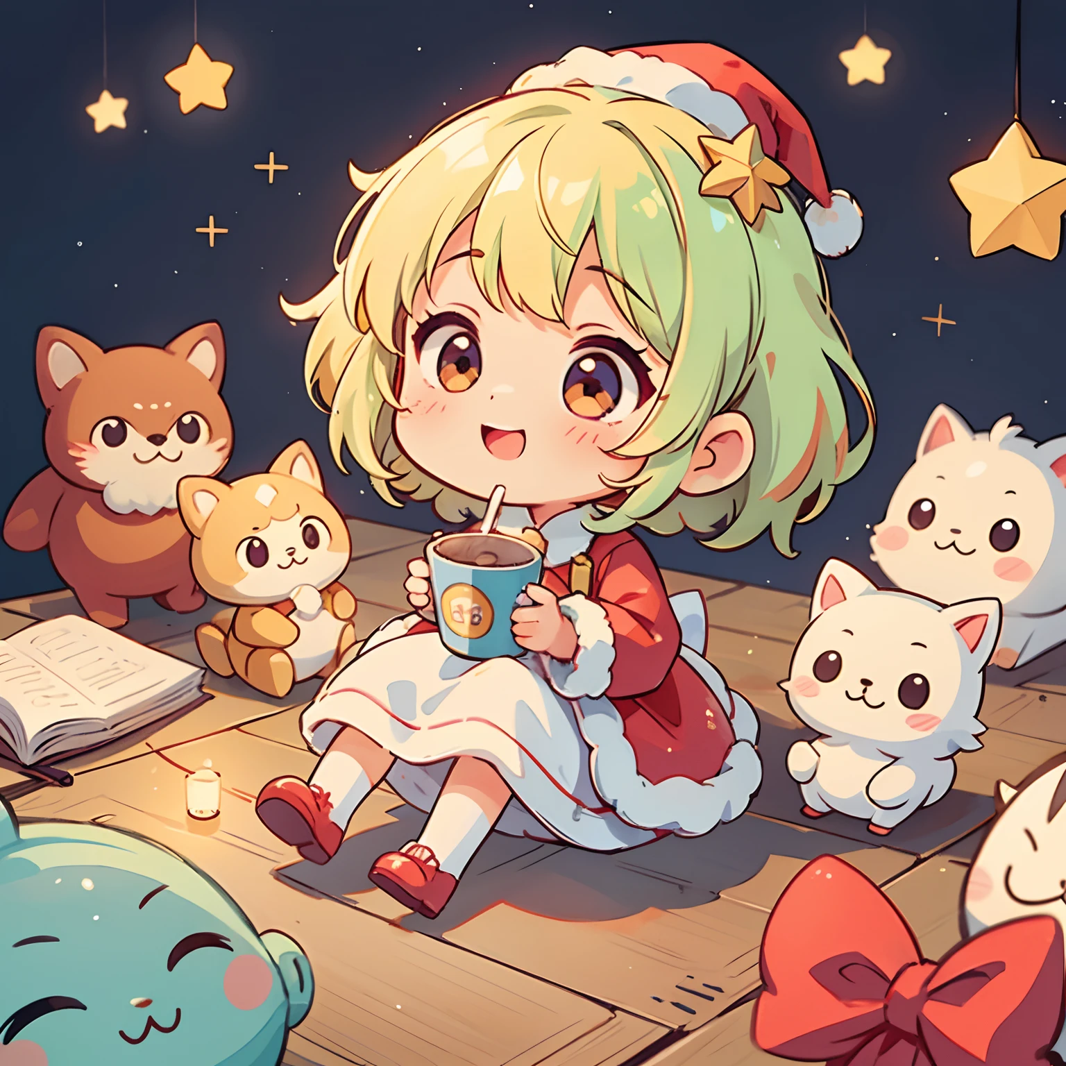 A small doll is on the lid of a cup of noodles、Doll presents with a cute girl dressed as Santa Claus、A smile、Chibi Doll、Stars in the eyes(kirakira)、Eye Up、Laugh、Cute red shoes、foco nítido, Ultra Detail, radiant light、bio luminescent、Taken from the side、Stronger bokeh effect