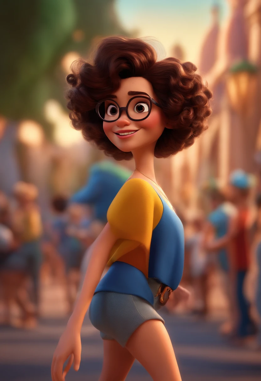 Pixar style image with 3D character white glasses brunette woman short curly hair dancing, Maquiagem Disney,Pescador, bonitinho, sorridente ,Close-up, Pixar, Disney, Cinema lighting,