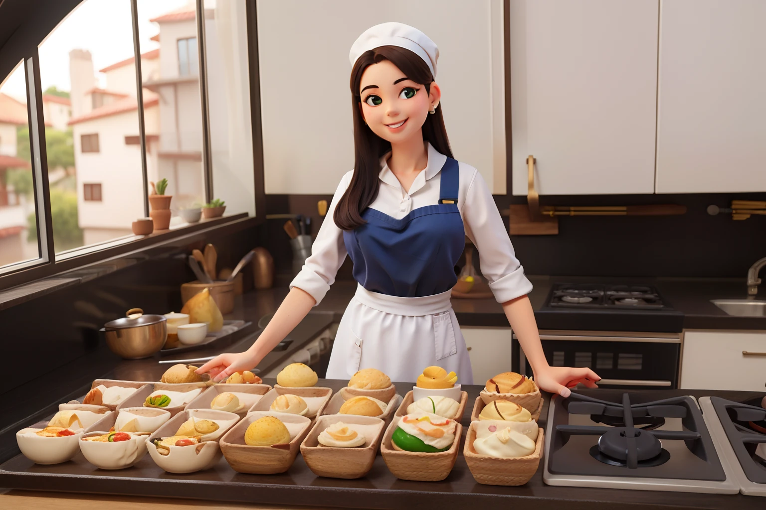 jovem 18 anos ,nome martha, origem brasil, sexo feminino, Branco,cabelo preto.vestindo uma roupa de chefe de cozinha sorrindo fazendo marmitas, com pouco seios, estilo pixar