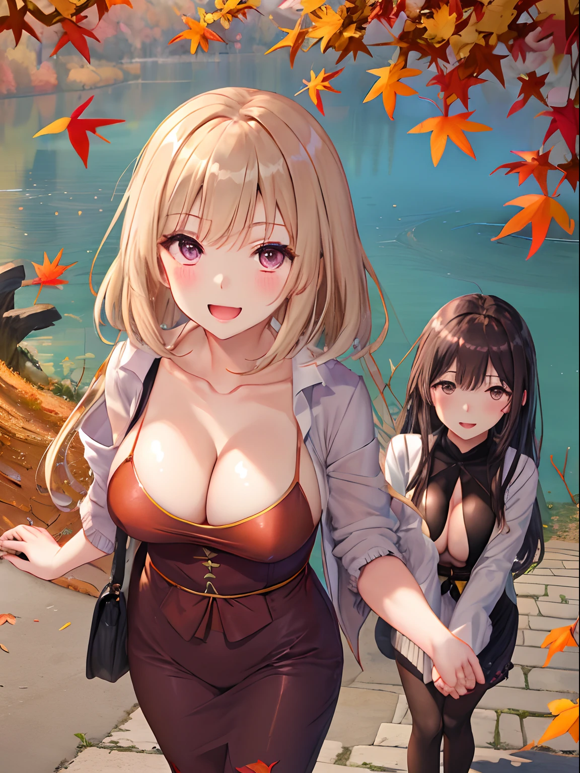 Fluffy long hair,Give bangs,Katyusha,Braids,Autumn outfit,Purple and light brown clothes,The sleeves of the clothes are a little long,Chest wide open,I can see the cleavage,Moe Sleeve,Lots of nature around the lakeside,The tree々Autumn leaves in autumn,Fruit Accessories(Grapes,muscat),Upper Eyes,Two people walking hand in hand,red tide,delighted expression,