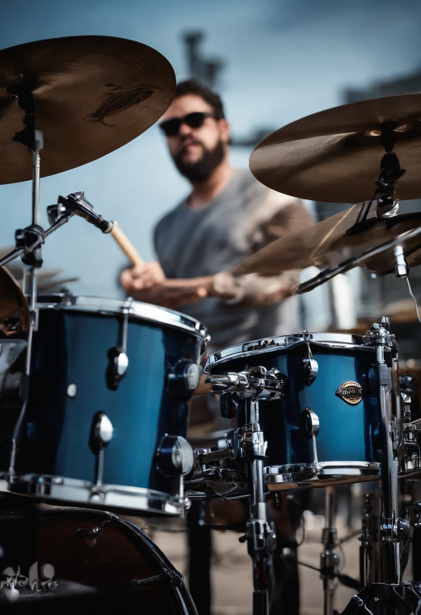 Drummer on a stage with microphone and tripod, tocando bateria, baterista, bateria, na cobertura, em um telhado, bateria, bateria, Executando um videoclipe, Ensaio Promocional, Executar, bateria, rocking out, album photo, em um telhado, in a scenic background, Jon Berkey, live performance, Studio shot, senta-se em um telhado
