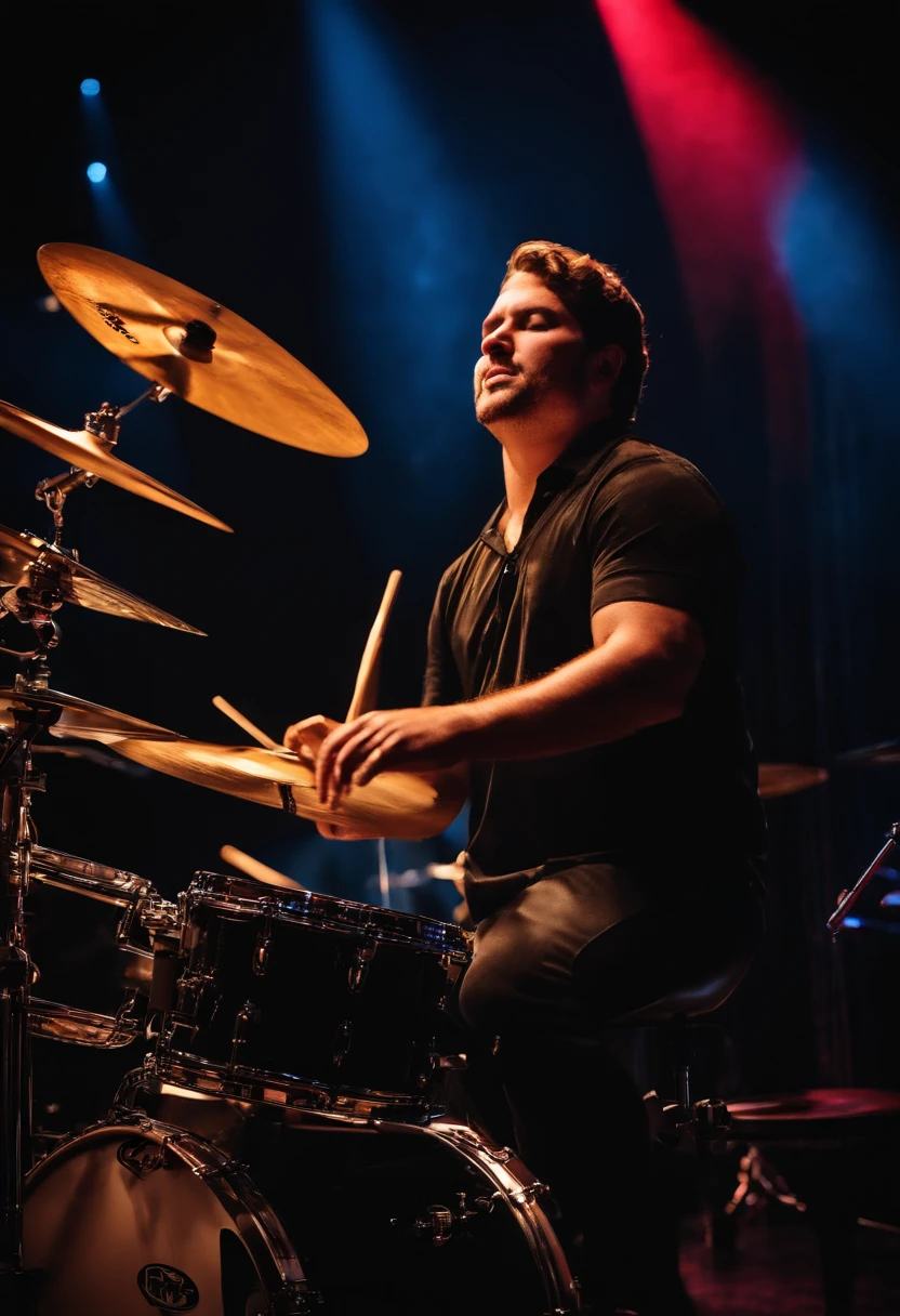 Drummer on a stage with microphone and tripod, tocando bateria, baterista, bateria, na cobertura, em um telhado, bateria, bateria, Executando um videoclipe, Ensaio Promocional, Executar, bateria, rocking out, album photo, em um telhado, in a scenic background, Jon Berkey, live performance, Studio shot, senta-se em um telhado