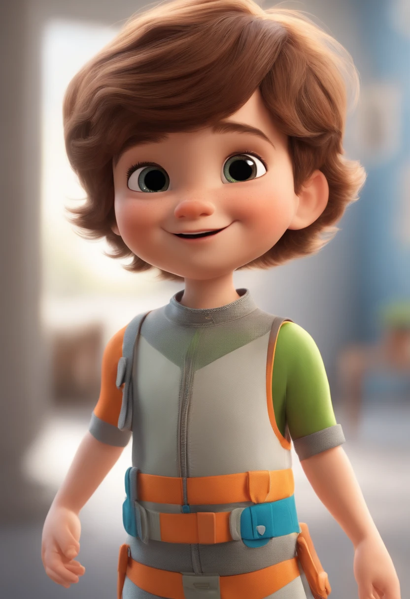a happy cute standing short hair, vestindo uma fantasia espacial, , fundo branco, barnet, tom, Estilo Pixar, ..3d, desenhos animados, rosto detalhado, asymmetrical 16k