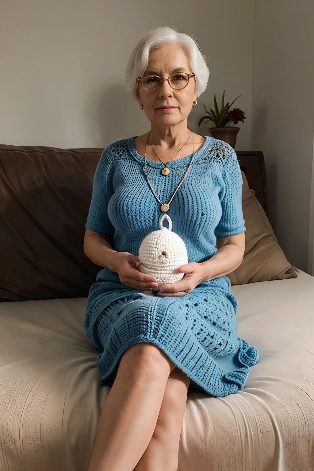 create a realistic woman over 60 years old, perfect, this woman is at home and sits following her beautiful crocheted doll that she made herself