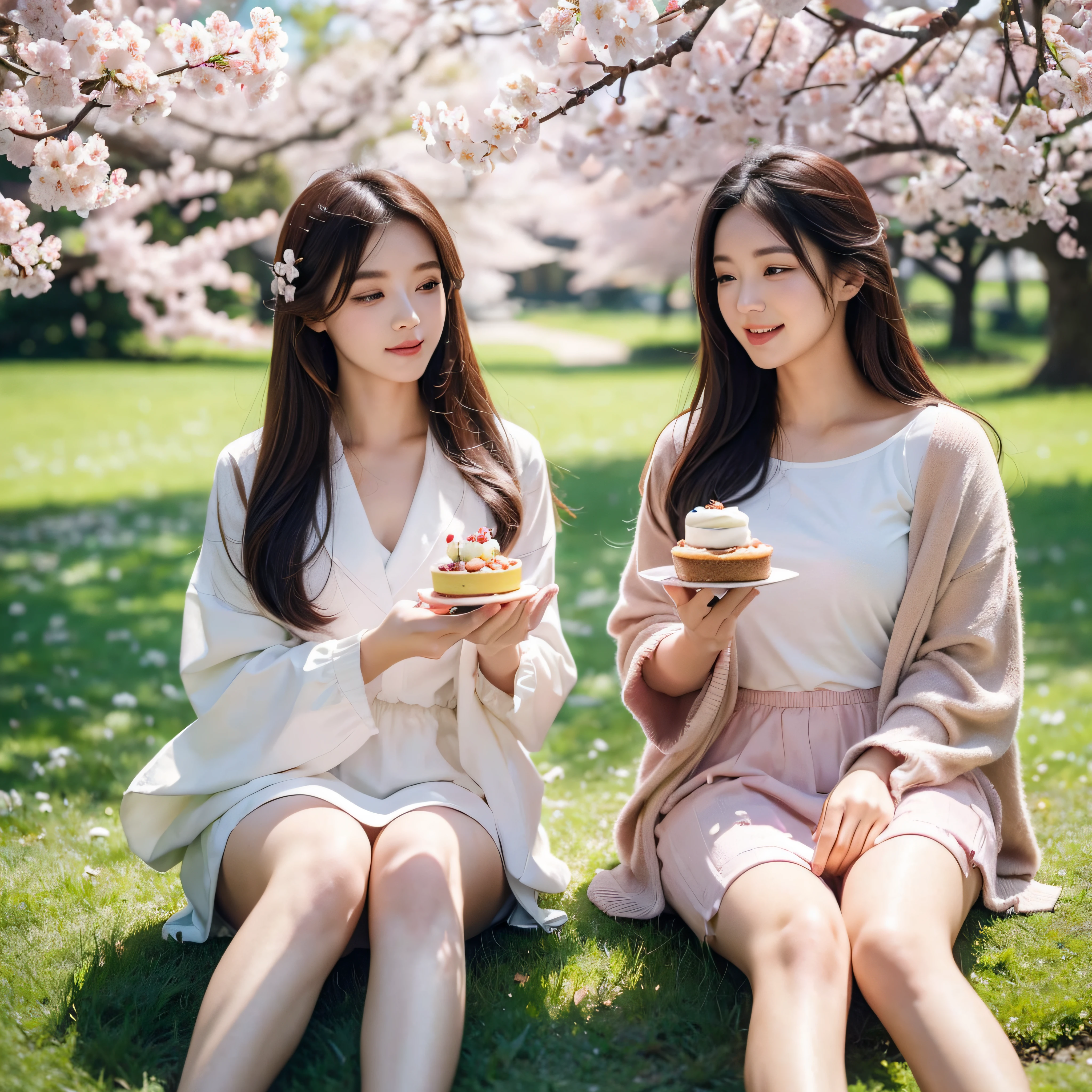 (best quality,8k,ultra-detailed,realistic:1.2),under the cherry blossom tree,eating desserts,morning,grass field,colorful hair,2girls