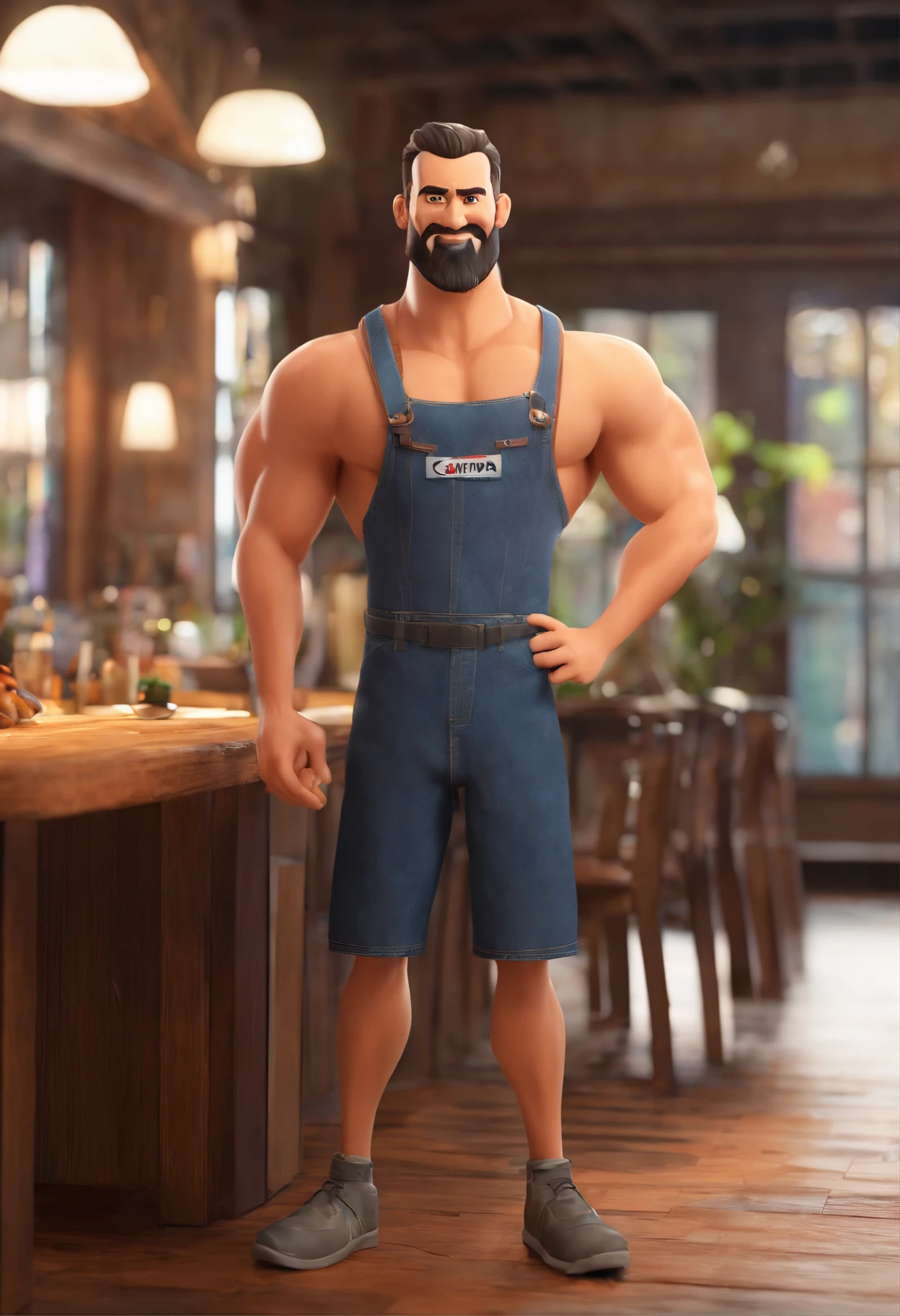 Estilo Pixar: Brown eyes muscular athletic man with cropped hair dressed 32 years old with short dark brown beard on chin worked in a Japanese restaurant Sushima