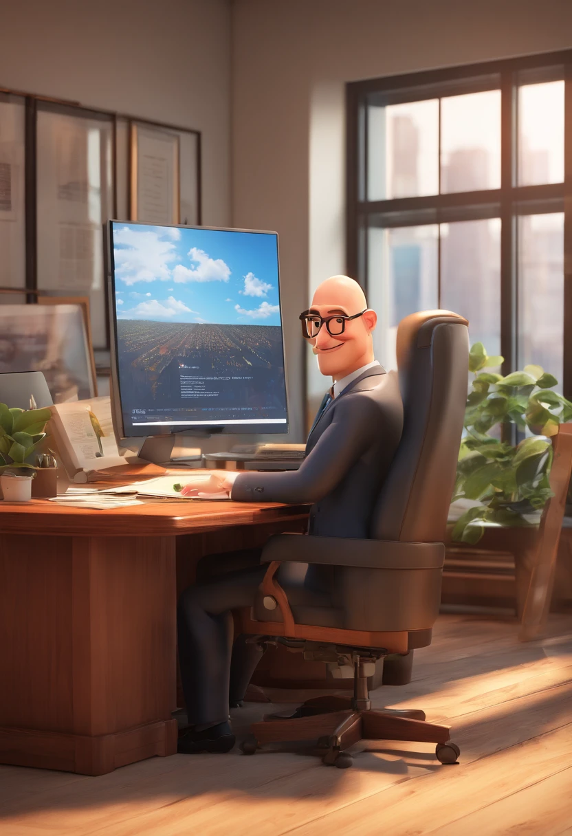 (best quality,4k,8k,highres,masterpiece:1.2), realistic, Disney Pixar illustration, middle-aged male lawyer, bald, wearing glasses, in a suit, recording a video, professional setup, bright studio lighting, confident expression, detailed facial features, clean-shaven, well-groomed appearance, modern office background, large desk with legal documents, computer monitor displaying legal research, professional microphone, high-quality camera equipment, natural and warm color tones, Pixar animation style