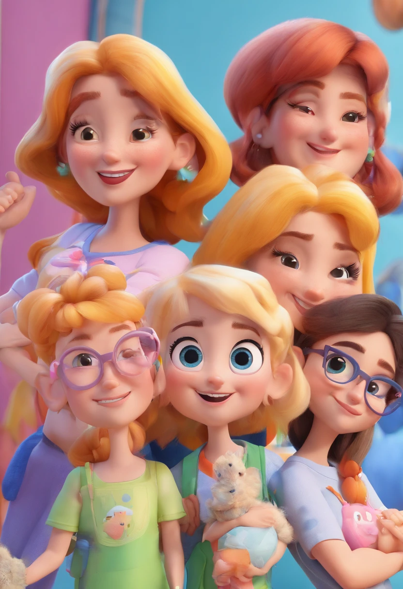 Estilo Pixar: fami, um pai, A blonde twin mother and daughters