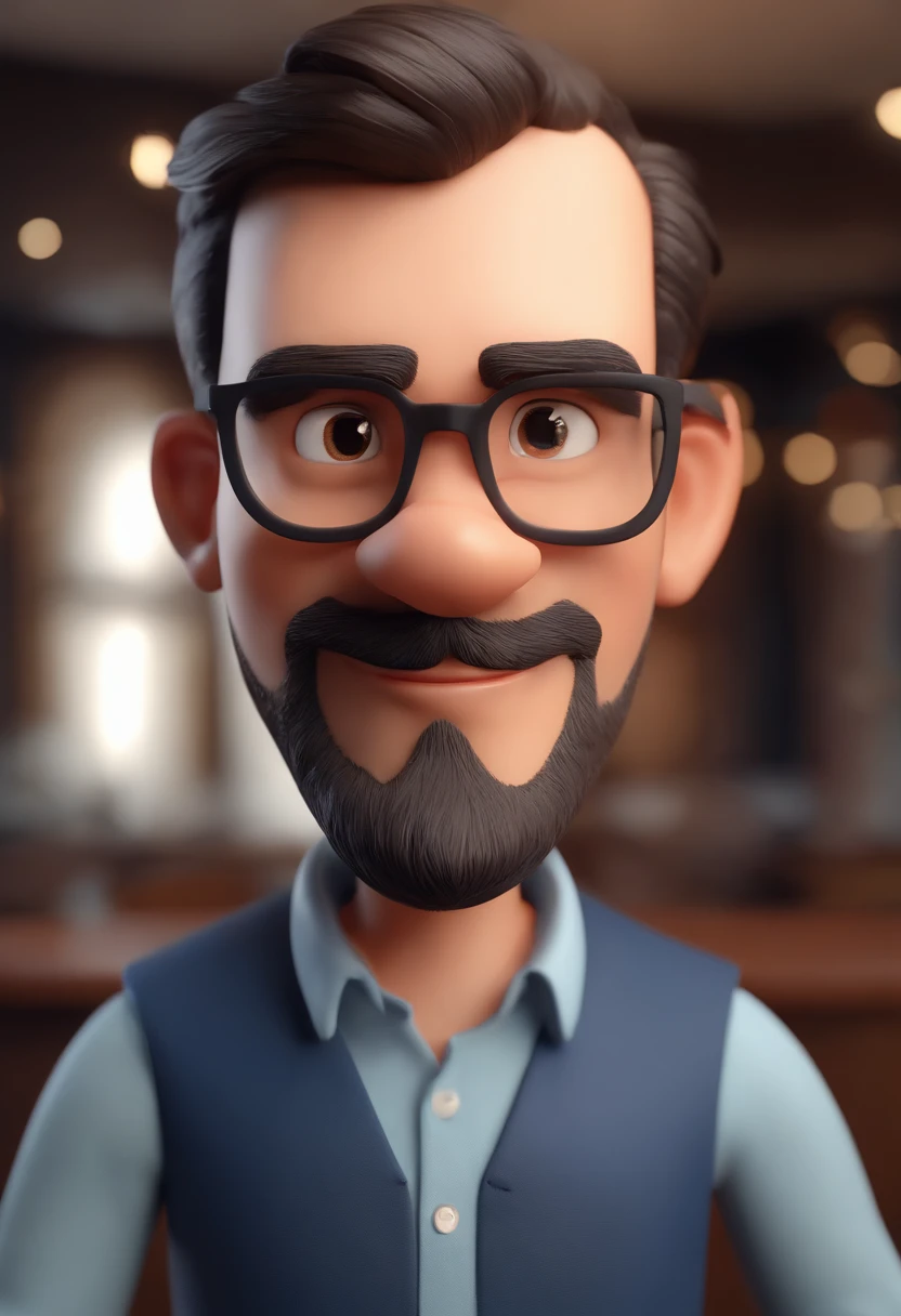 Cartoon character of a man wearing black glasses and a blue shirt, um personagem animado, Caractere estilizado, animation style rendering, 3D estilizado, Arnold Maya render, 3 d render stylized, toon render keyshot, Personagem 3D, Personagem 3D, 3d rendering stylized, 3 d character render, personagem de desenho animado, Personagem de close up, Pose de personagem, (Estilo Pixar) (master part:1.2) (Bokeh) (best quality) (pele detalhada) (textura detalhada) (8k) (argila) (Cinematic lighting) (foco nítido，Senta e vaza a parte superior do corpo