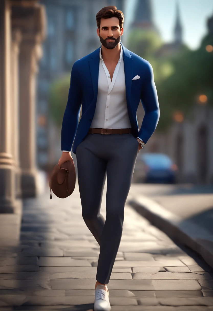 cartoon character of a tall man with a small beard with a white shirt and blue blazer over his shirt and dress pants showing his ankle and shoe without socks and belt with the initials LV and apple watch, animation character, Caractere estilizado, animation style rendering, 3D estilizado, Arnold Maya render, 3 d render stylized, toon render keyshot, Personagem 3D, Personagem 3D, 3d rendering stylized, 3 d character render, personagem de desenho animado, Personagem de close up, Pose de personagem, (Estilo Pixar) (master part:1.2) (Bokeh) (melhor qualidade) (pele detalhada) (textura detalhada) (8k) (argila) (Cinematic lighting) (foco nítido
