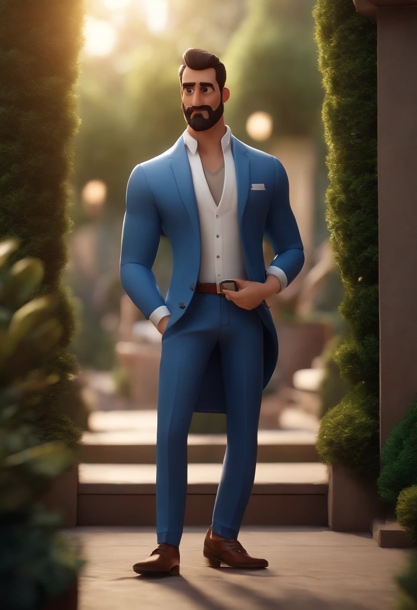 cartoon character of a tall man with a small beard with a white shirt and blue blazer over his shirt and dress pants showing his ankle and shoe without socks and belt with the initials LV and apple watch, animation character, Caractere estilizado, animation style rendering, 3D estilizado, Arnold Maya render, 3 d render stylized, toon render keyshot, Personagem 3D, Personagem 3D, 3d rendering stylized, 3 d character render, personagem de desenho animado, Personagem de close up, Pose de personagem, (Estilo Pixar) (master part:1.2) (Bokeh) (melhor qualidade) (pele detalhada) (textura detalhada) (8k) (argila) (Cinematic lighting) (foco nítido