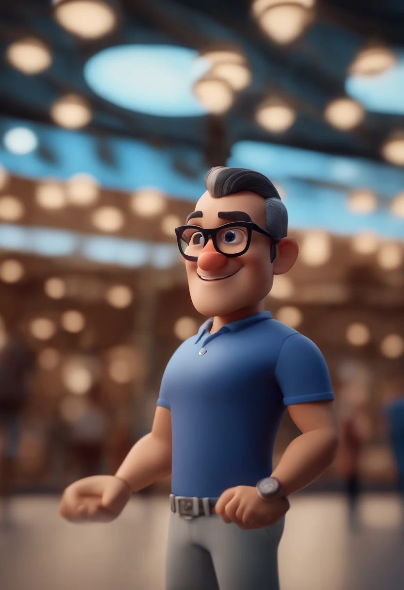 Cartoon character of a man wearing black glasses and a blue shirt, um personagem animado, Caractere estilizado, animation style rendering, 3D estilizado, Arnold Maya render, 3 d render stylized, toon render keyshot, Personagem 3D, Personagem 3D, 3d rendering stylized, 3 d character render, personagem de desenho animado, Personagem de close up, Pose de personagem, (Estilo Pixar) (master part:1.2) (Bokeh) (best quality) (pele detalhada) (textura detalhada) (8k) (argila) (Cinematic lighting) (foco nítido，Senta e vaza a parte superior do corpo