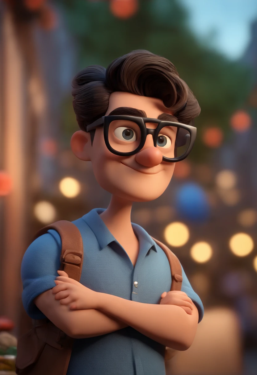 Cartoon character of a man wearing black glasses and a blue shirt, um personagem animado, Caractere estilizado, animation style rendering, 3D estilizado, Arnold Maya render, 3 d render stylized, toon render keyshot, Personagem 3D, Personagem 3D, 3d rendering stylized, 3 d character render, personagem de desenho animado, Personagem de close up, Pose de personagem, (Estilo Pixar) (master part:1.2) (Bokeh) (best quality) (pele detalhada) (textura detalhada) (8k) (argila) (Cinematic lighting) (foco nítido,Senta e vaza a parte superior do corpo
