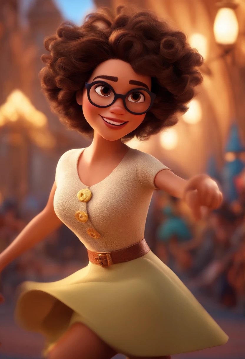 Pixar style image with 3D character white glasses brunette woman short curly hair dancing, Maquiagem Disney,Pescador, bonitinho, sorridente ,Close-up, Pixar, Disney, Cinema lighting,