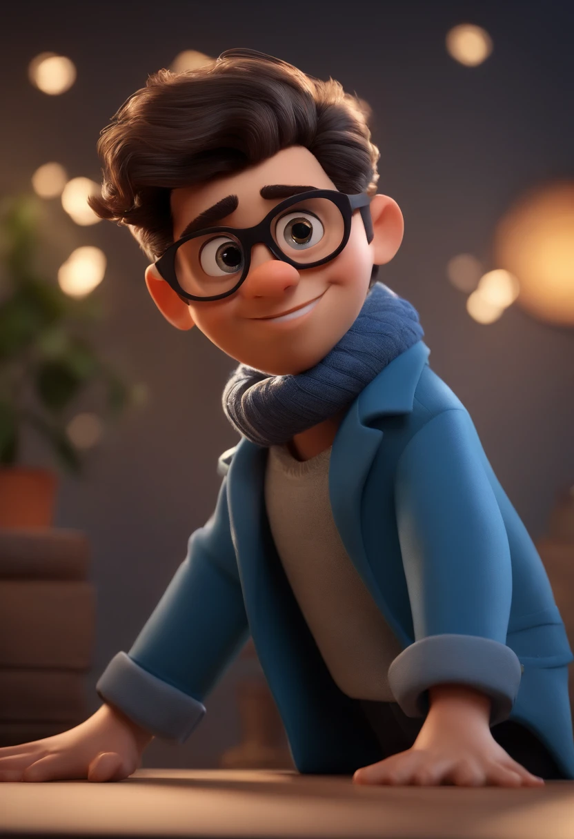 Cartoon character of a man wearing black glasses and a blue shirt, um personagem animado, Caractere estilizado, animation style rendering, 3D estilizado, Arnold Maya render, 3 d render stylized, toon render keyshot, Personagem 3D, Personagem 3D, 3d rendering stylized, 3 d character render, personagem de desenho animado, Personagem de close up, Pose de personagem, (Estilo Pixar) (master part:1.2) (Bokeh) (best quality) (pele detalhada) (textura detalhada) (8k) (argila) (Cinematic lighting) (foco nítido,Senta e vaza a parte superior do corpo