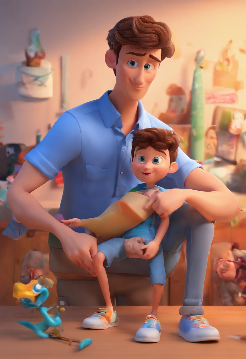 Estilo Pixar: The grown man is holding a naked blue-eyed boy and in his other hand he is holding a pair of scissors and is trying to cut off the boy's testicles,3D Poster,Disney