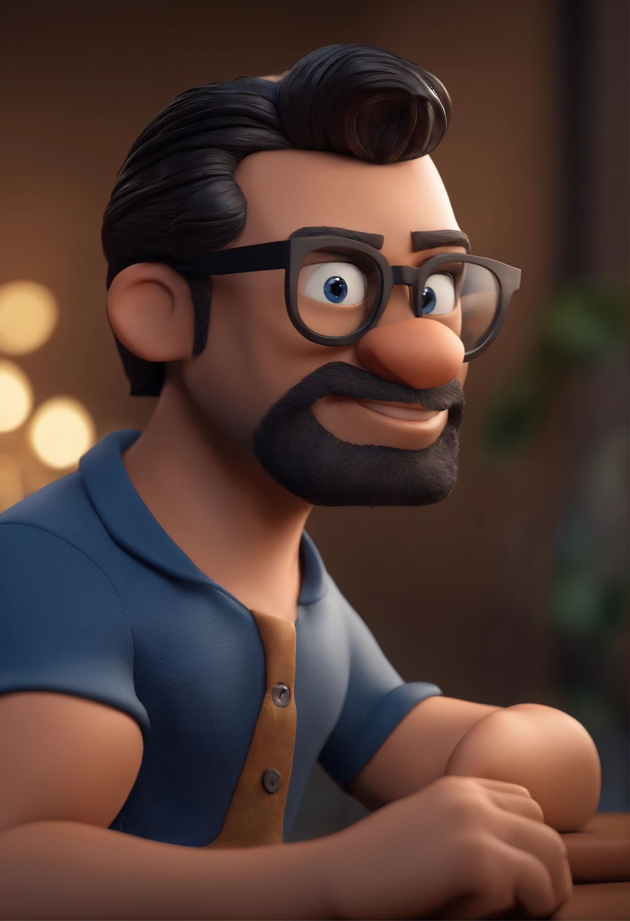 Cartoon character of a man with black glasses and a blue shirt, animation character, Caractere estilizado, animation style rendering, 3D estilizado, Arnold Maya render, 3 d render stylized, toon render keyshot, Personagem 3D, Personagem 3D, 3d rendering stylized, 3 d character render, personagem de desenho animado, Personagem de close up, Pose de personagem, (Estilo Pixar) (master part:1.2) (Bokeh) (best quality) (pele detalhada) (textura detalhada) (8k) (argila) (Cinematic lighting) (foco nítido