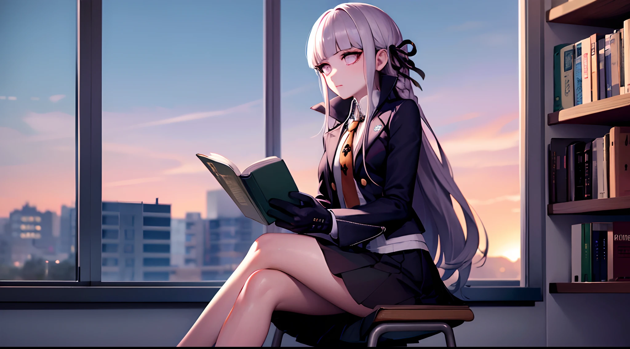 1girl, aakyoko, long hair, purple hair, side braid, blunt bangs, hair ribbon, black ribbon, high collar, brown necktie, black jacket, long sleeves, black gloves, black skirt, pleated skirt, danganronpa \(series\), (sitting on a chair by the window),(reading a book), (in a library), (full body)