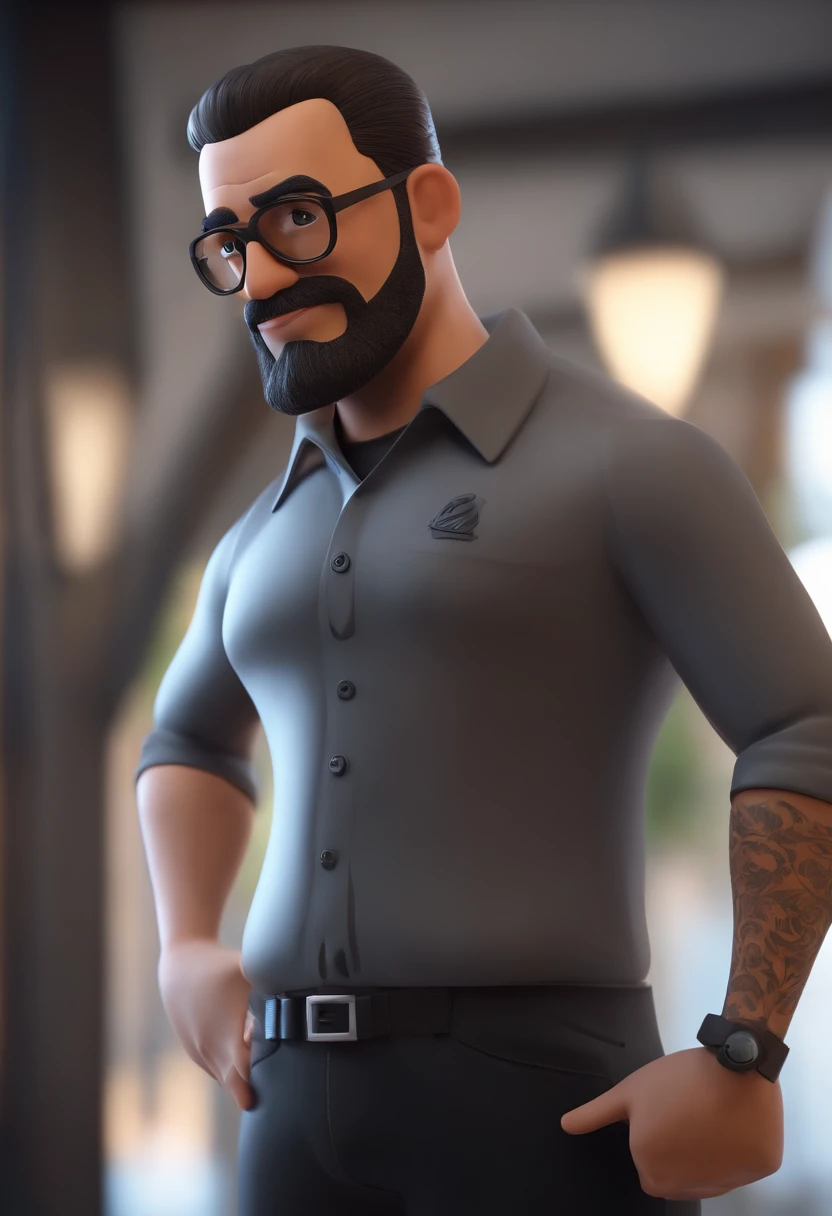 Cartoon character of a man with black glasses and a black polo shirt, cabelo liso, With beard and old school tattoo on his arm, animation character, Caractere estilizado, animation style rendering, 3D estilizado, Arnold Maya render, 3 d render stylized, toon render keyshot, Personagem 3D, Personagem 3D, 3d rendering stylized, 3 d character render, personagem de desenho animado, Personagem de close up, Pose de personagem,  (Estilo Pixar) (master part:1.2) (Bokeh) (best quality) (pele detalhada) (textura detalhada) (8k) (argila) (Cinematic lighting) (foco nítido