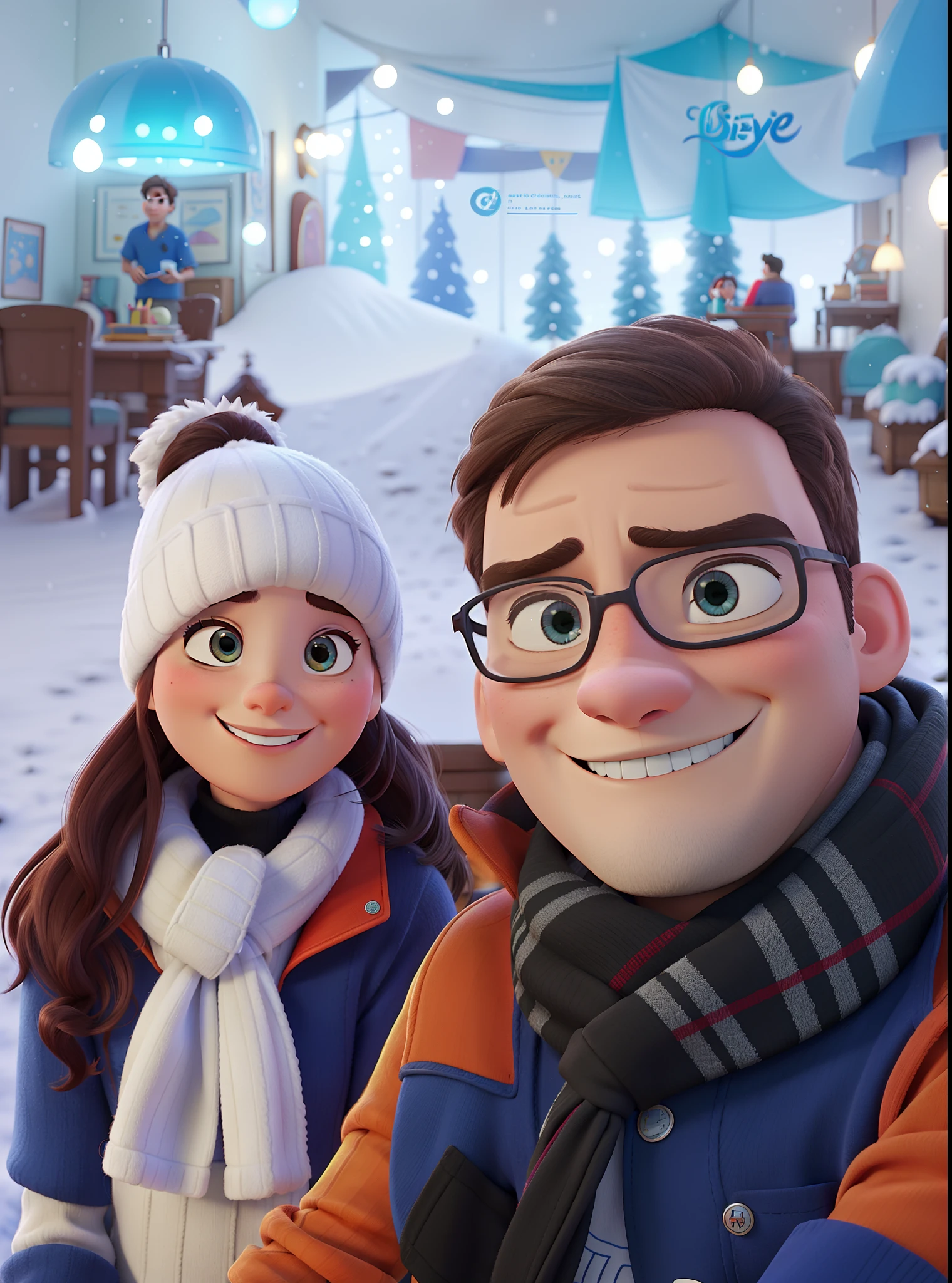 Crie um poster no estilo Disney pixar, casal na neve