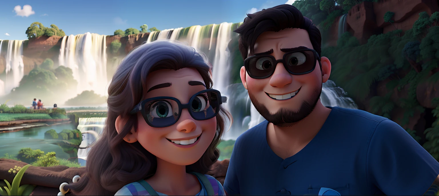 Couple in front of Iguazu Falls, estilo disney pixar, alta qualidade