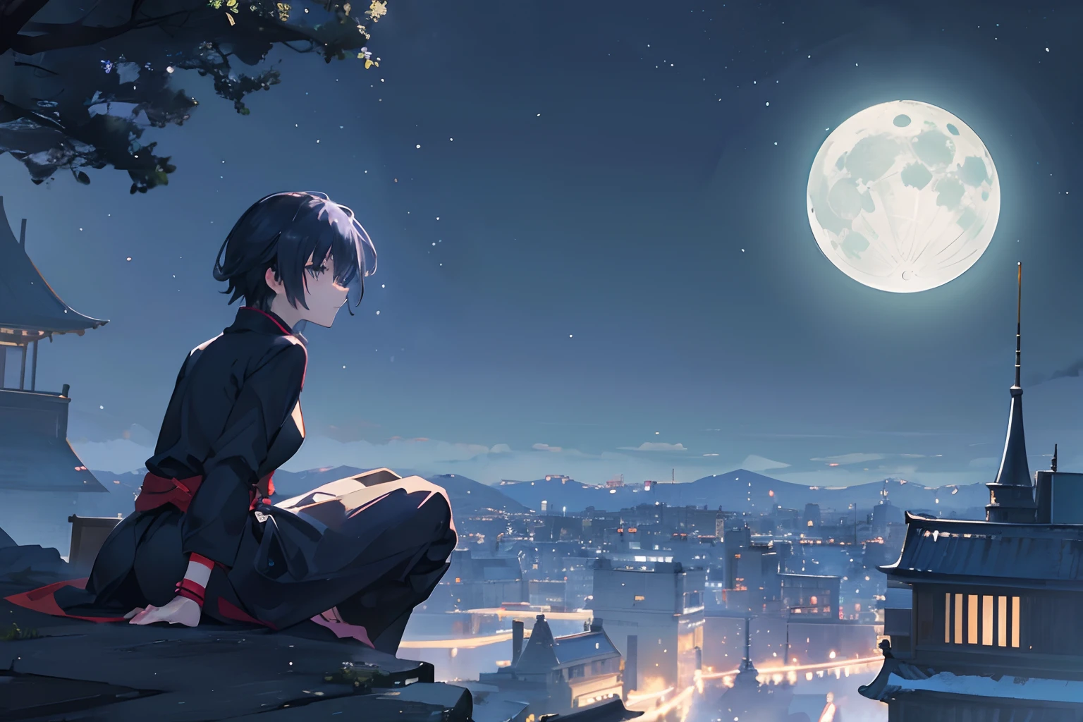 Create exquisite illustrations reminiscent of Makoto Shinkai's style, It has ultra-fine details and top-notch quality. Create an illustration of a mysterious night with a full moon, A work depicting a lonely ninja sitting on the roof of a house, Staring at the moon. The tranquil atmosphere of the night enhances the fantastic atmosphere, Moonlight casts mesmerizing shadows, Emphasis on the enigmatic presence of ninjas. The tranquility of the night and、Capture ninja's introspective moments under the enchanting moon.
