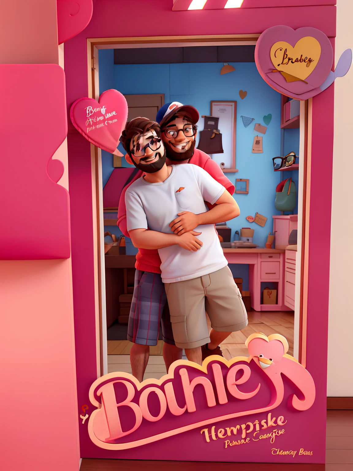 A couple of men hugging and happyfeet, one behind a cap and glasses and a smaller one in the front, Smiling with beard and glasses. Roupas em tom de branco e rosa claro. The couple is inside a Barbie box