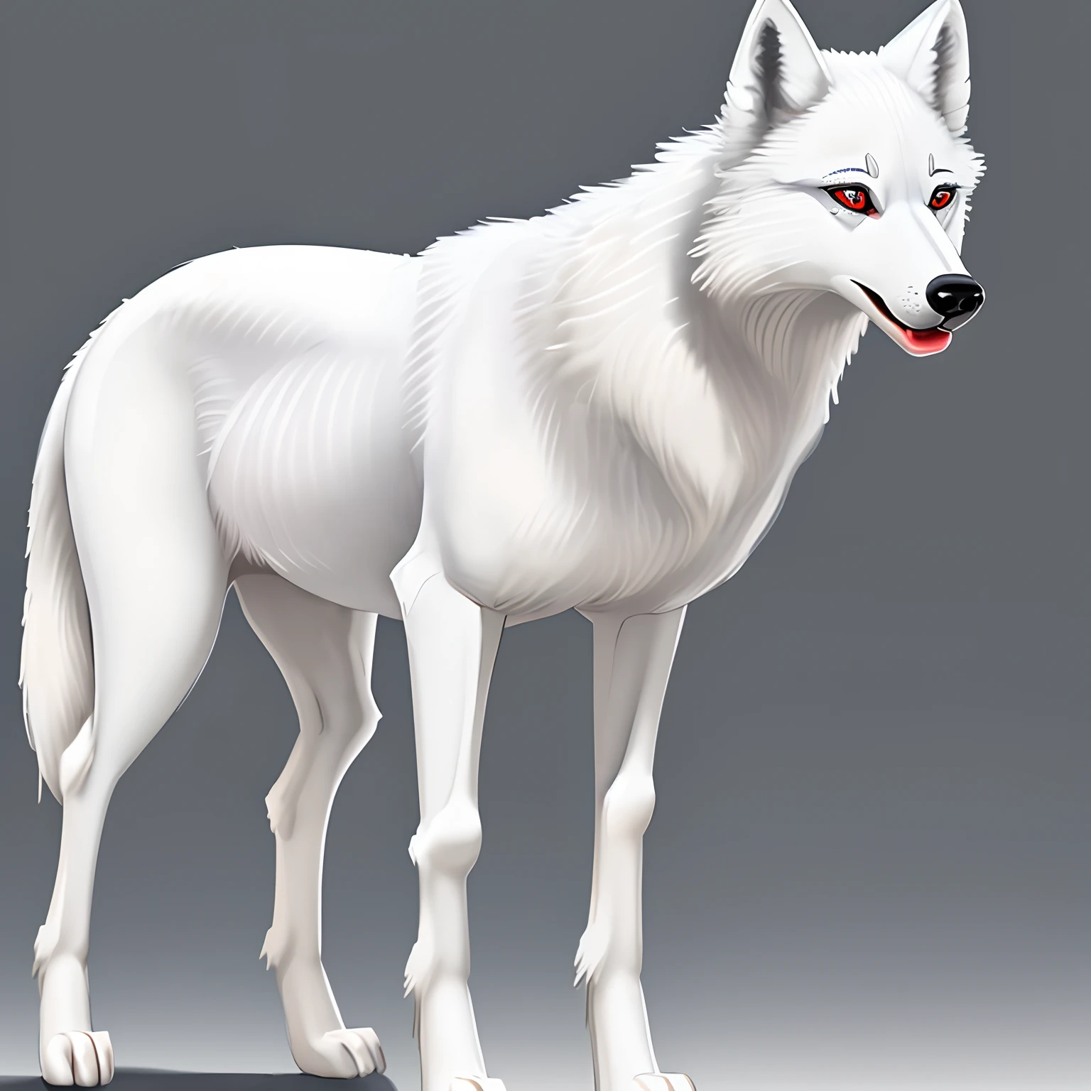 Bipedal spotless white female wolf with red eyes with white pupils and long eyelashes