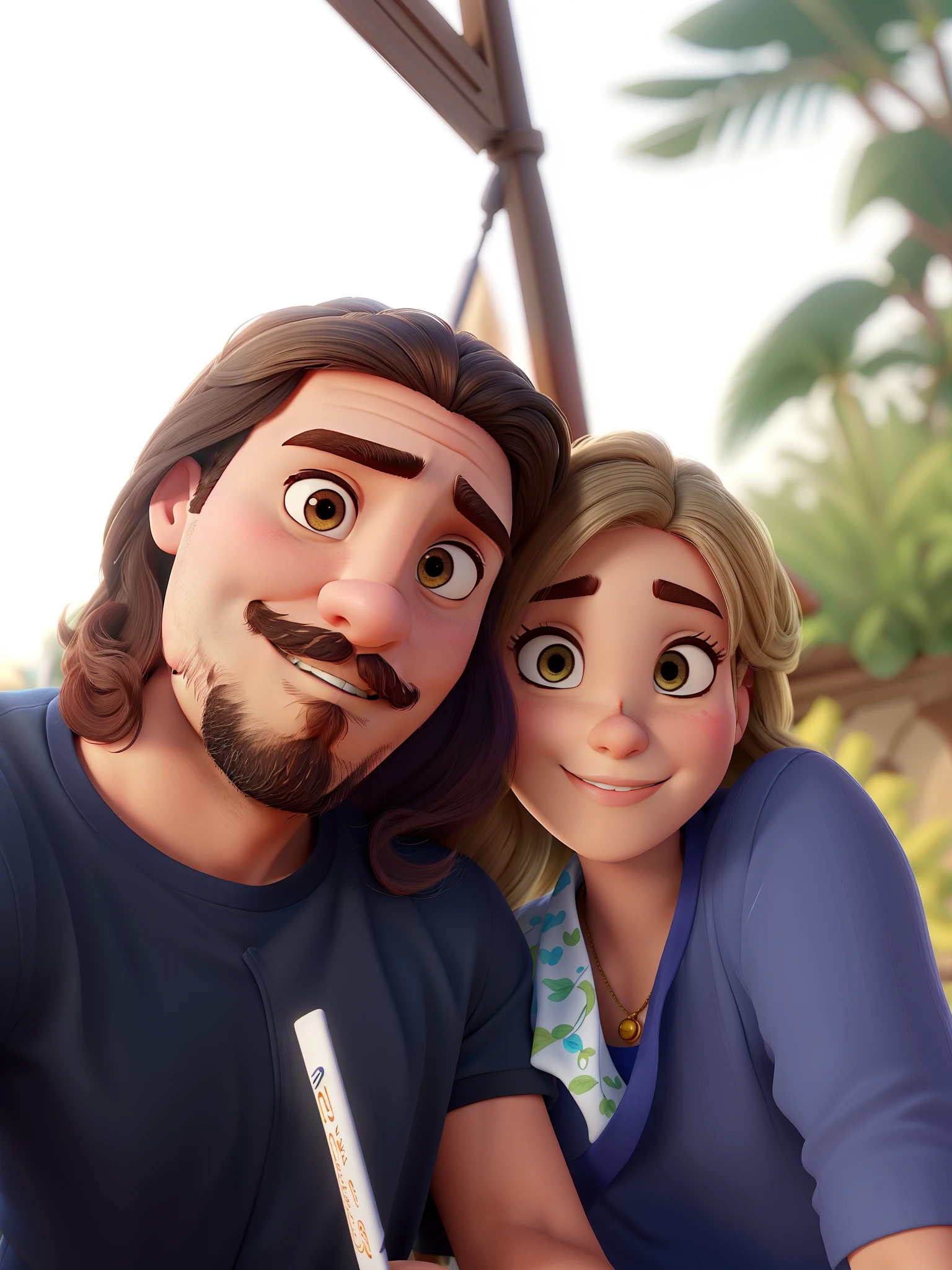 Casal estilo disney pixar melhor qualidade alta qualidade. Homem moreno cabelo comprido crespo barba e mulher loira olhos azuis cabelos longos lisos